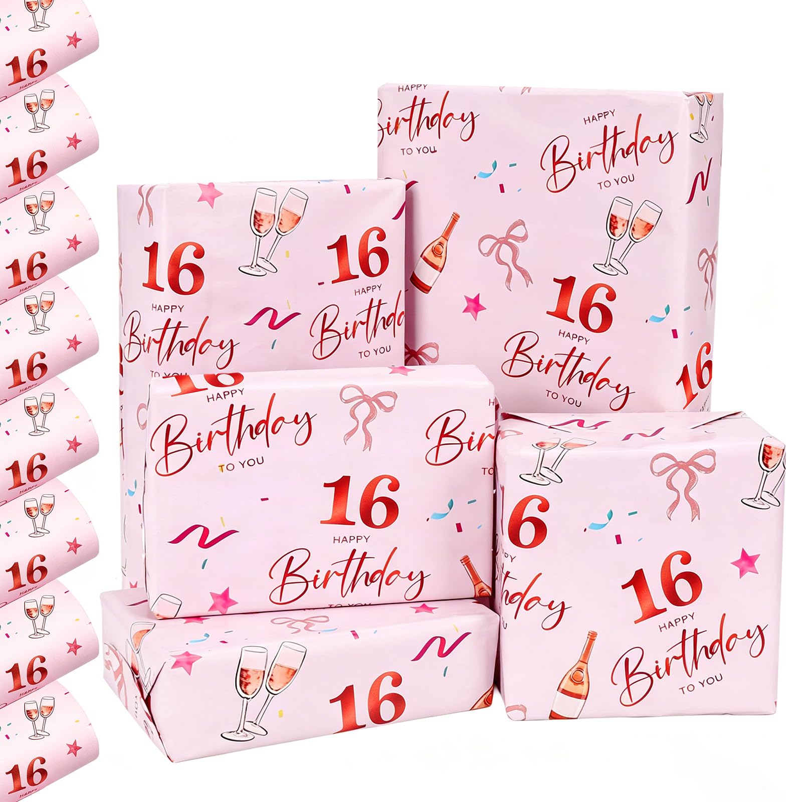 GYOYEDE 8 Sheets 16th Birthday Wrapping Paper,70x50cm Rose Gold Pink Gift Wrap 16th Birthday Gifts for Girls, Eco-Friendly Birthday Gift Wrapping Paper for Birthday Parties Decorations.