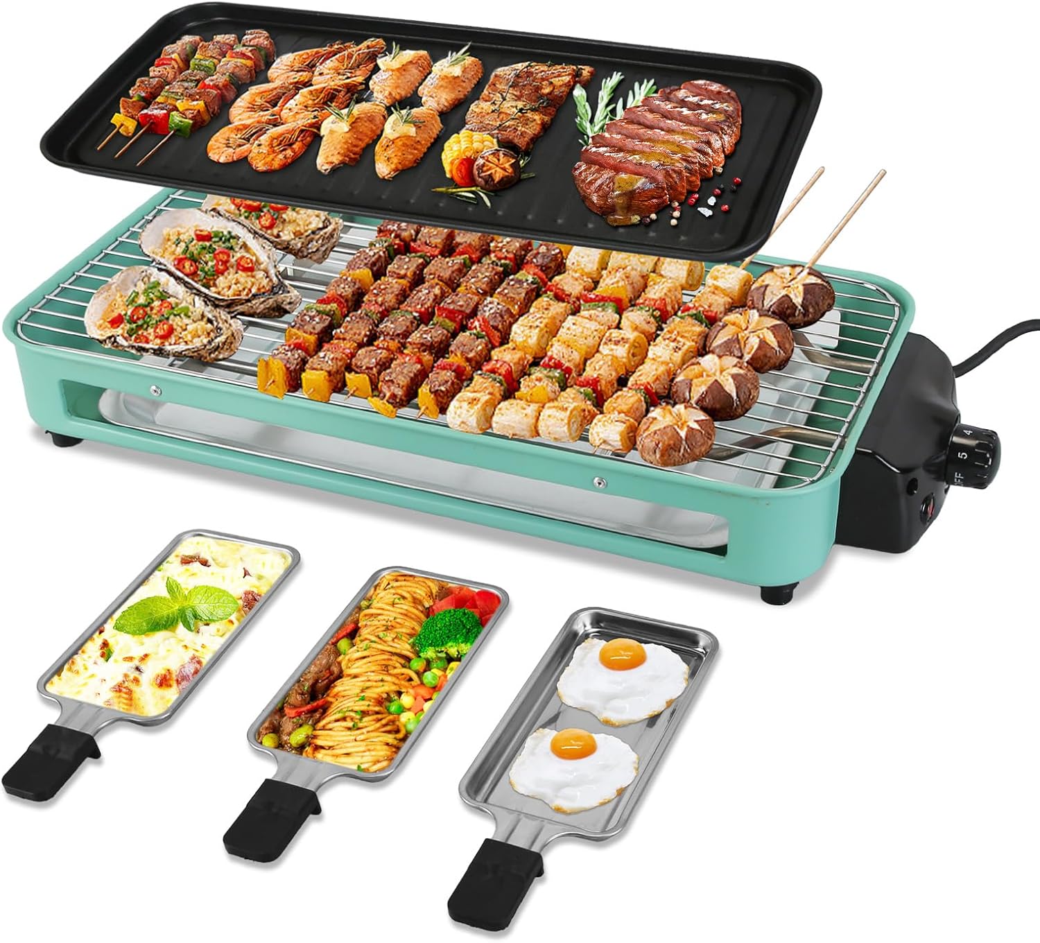 1500W Electric Indoor Grill,2 in 1 Smokeless Indoor Grills,Portable Korean BBQ Raclette Table Grill for Kitchen with Grill Net & Non-Stick Cooking Removable Plate 5 Temperature Control,Dishwasher Safe