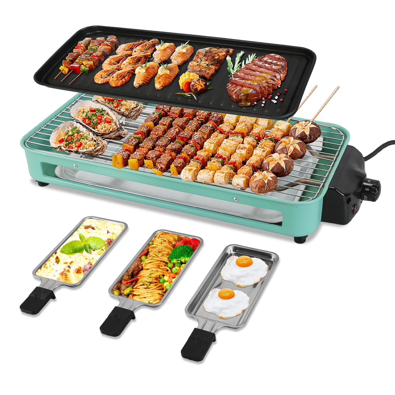 1500W Electric Indoor Grill,2 in 1 Smokeless Indoor Grills,Portable Korean BBQ Raclette Table Grill for Kitchen with Grill Net & Non-Stick Cooking Removable Plate 5 Temperature Control,Dishwasher Safe