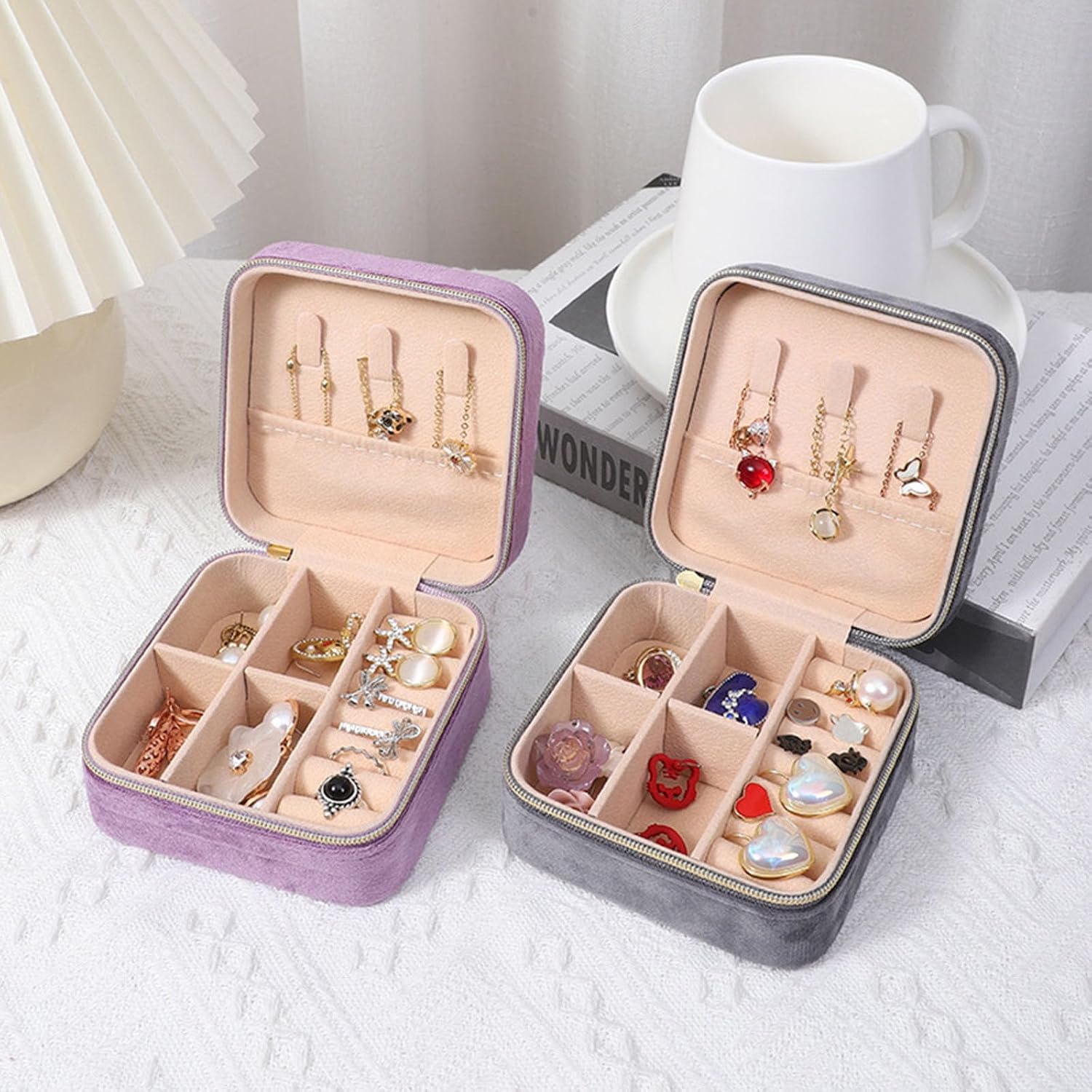 Jewelry Box Travel Portable Flannel Square Zipper Jewelry Storage Cases Fashion Holder Earring Holder(As Shown) image 2