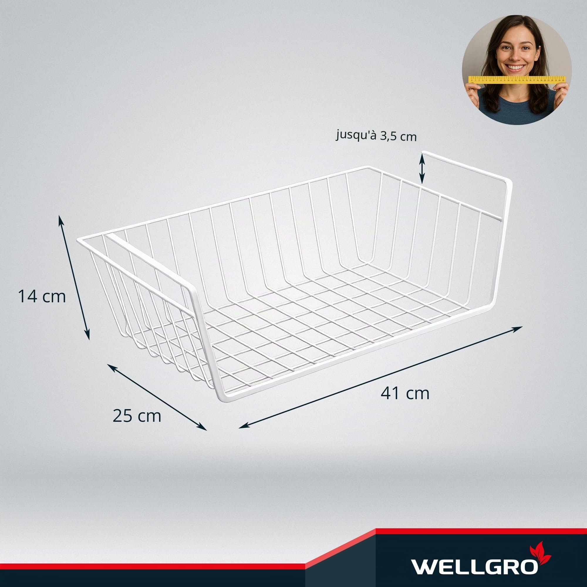 WELLGRO Corbeilles à suspendre en métal –Créez un espace supplémentaire – Métal, Blanc, env. 41 x 25 x 14 cm (L x l x h),Lot de 4