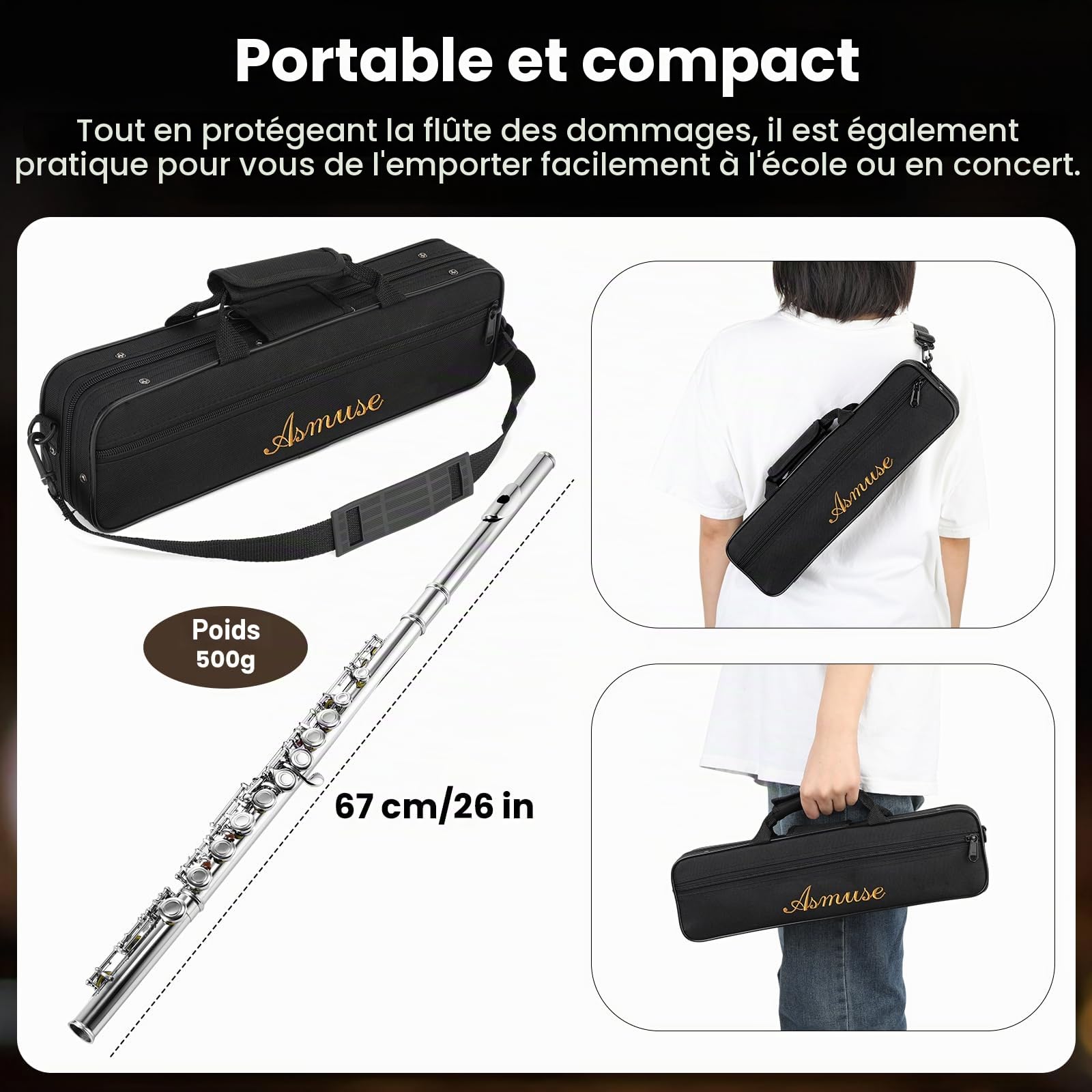 Asmuse Flûte Traversière Ensemble Argent-Nickel Plaqué(e)16 Trous C Key Flûte Instrument de Musique avec Etui de Transport, Chiffon et Gants Propres pour Débutants