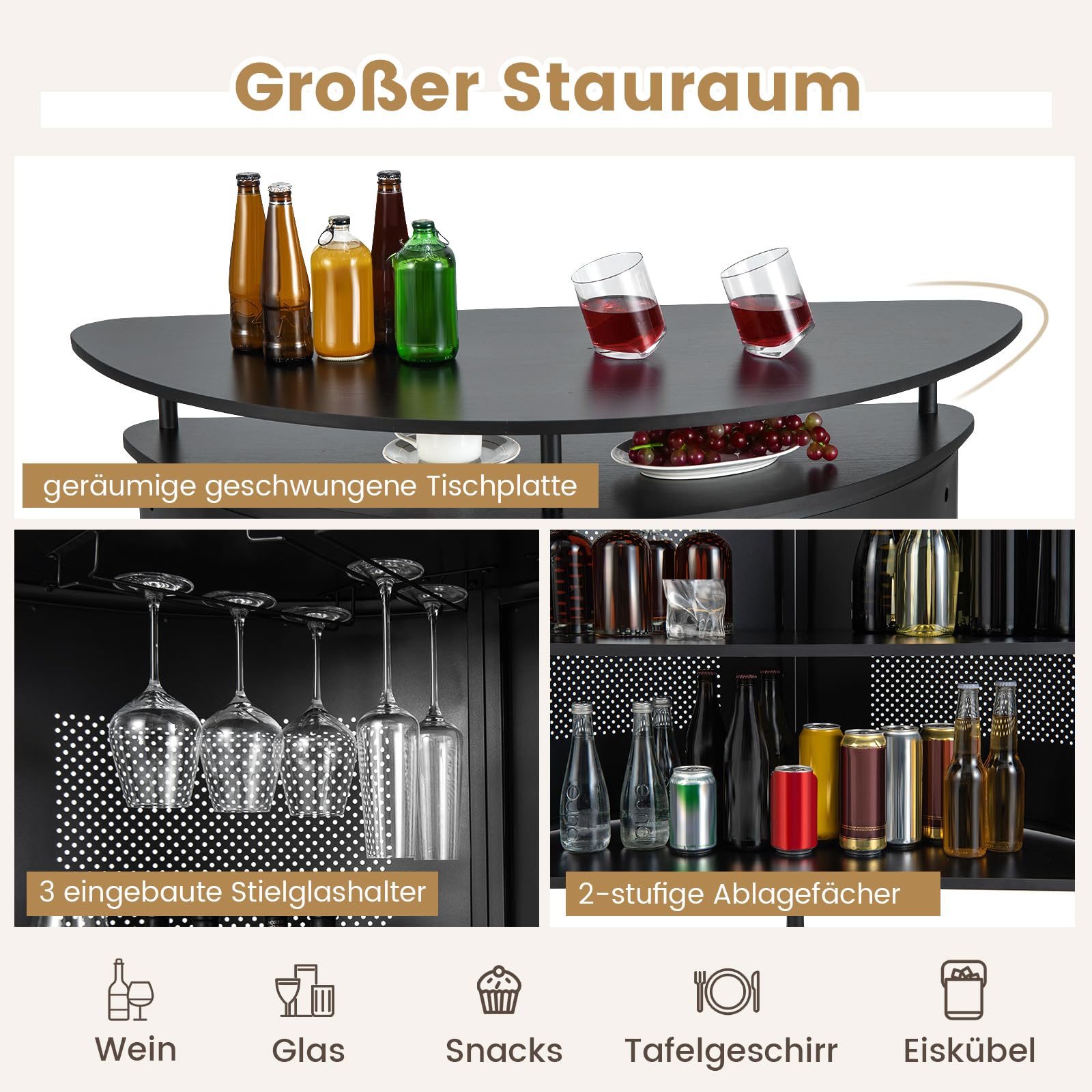COSTWAY Bartisch Küche, Küchentheke mit Stauraum und Fußstütze, Theke Bar mit Metallrahmen, verstellbare Füße, 110,5 x 48 x 112,5 cm, schwarz