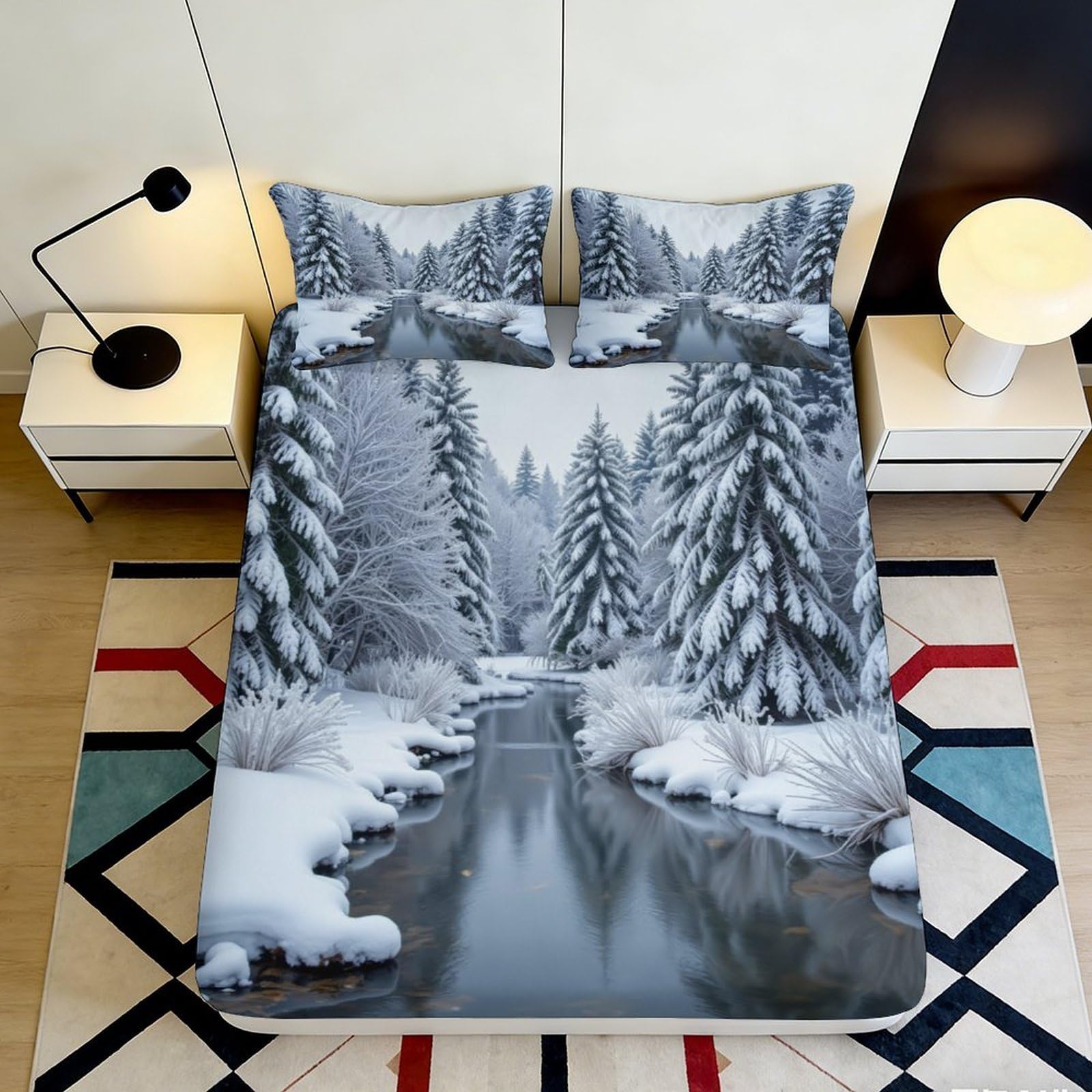 3D Printed Snow Forest Fitted Sheet Microfiber Deep Pocket Bedroom Bedding Set Elastic Hem Winter Scene Mattress Fitted Cover for Home Use 140x200x25cm