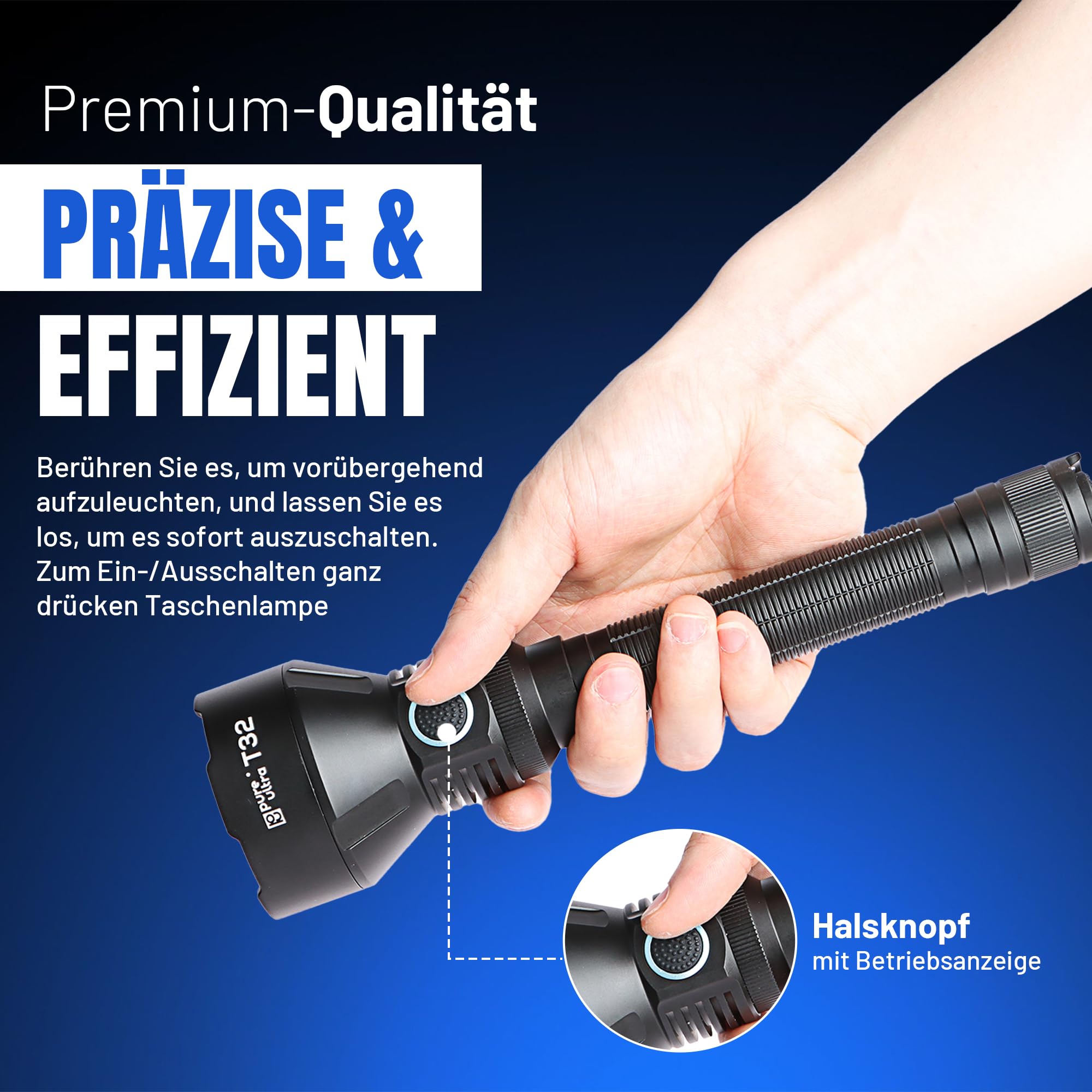 T32 LED Taschenlampe 3200 Lumen – Taktische Einsatzlampe mit 1150 m Reichweite, Stroboskop, USB-C, Holster, IP68, 18650 Akku aufladbar (Basic-Kit)