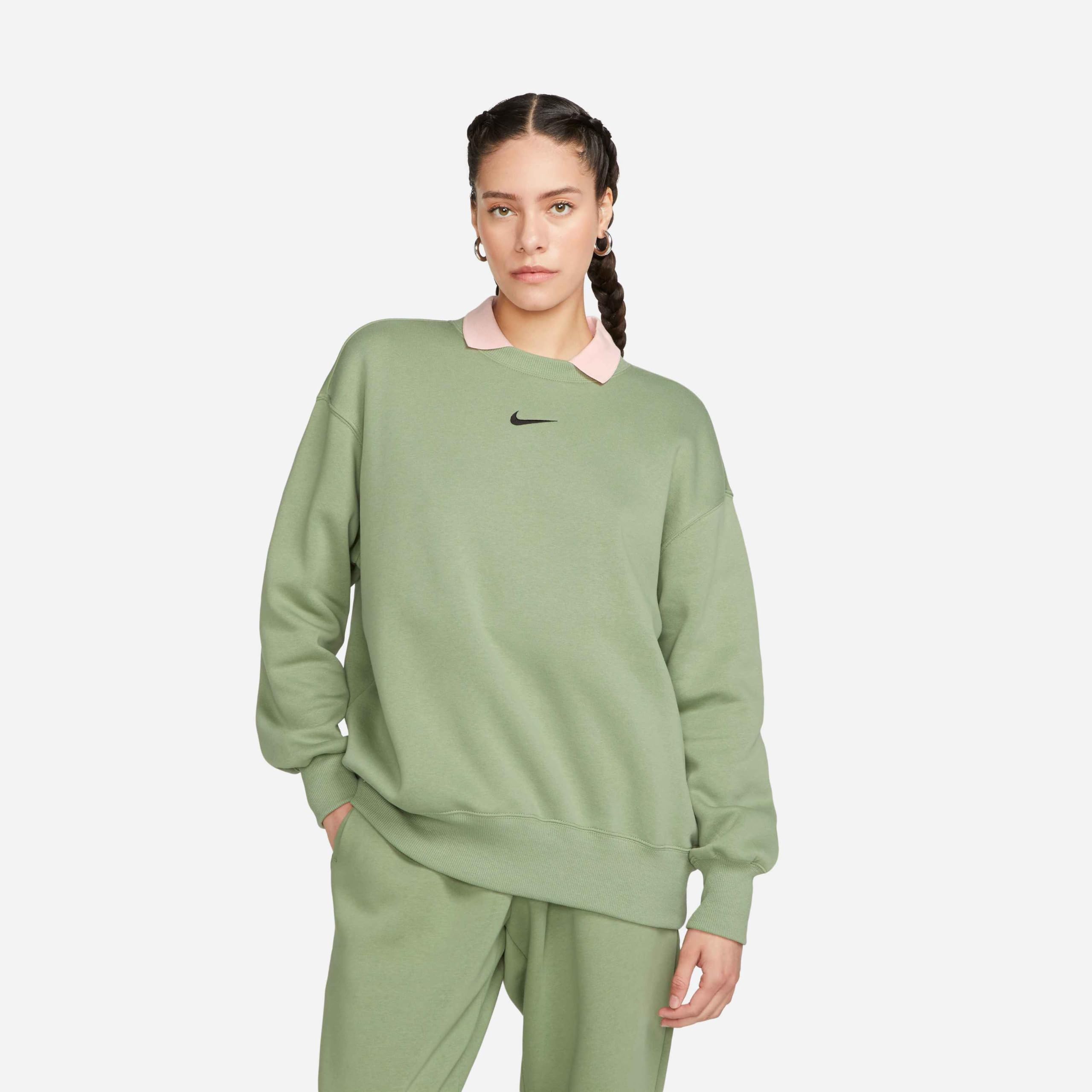 NIKE DQ5733-386 W NSW PHNX FLC OS CREW Sweatshirt Women's OIL GREEN/BLACK Size 2XS-S