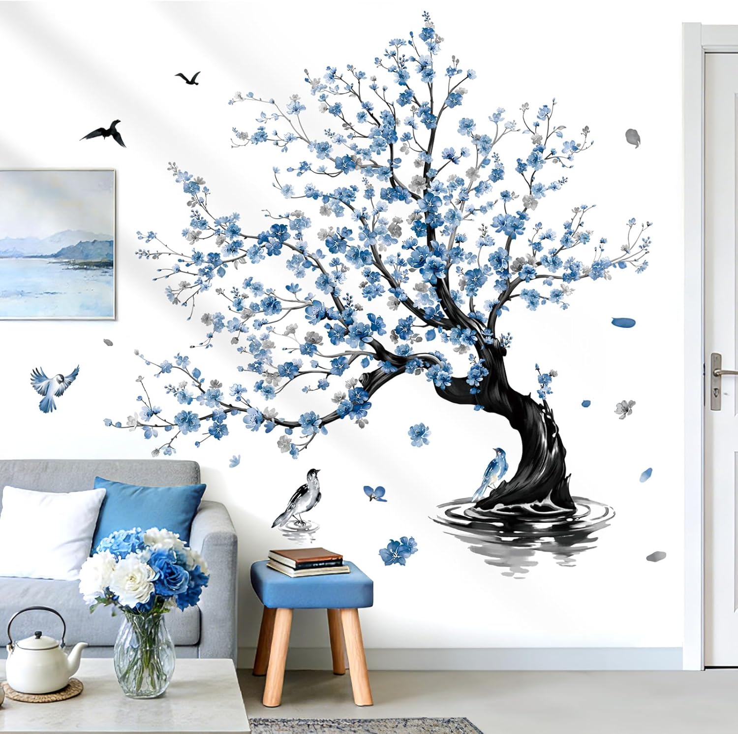 decalmile Large Blue Flower Tree Wall Stickers Watercolor Cherry Blossom Tree Branch Birds Wall Decals Living Room Tv Background Bedroom Home Decor