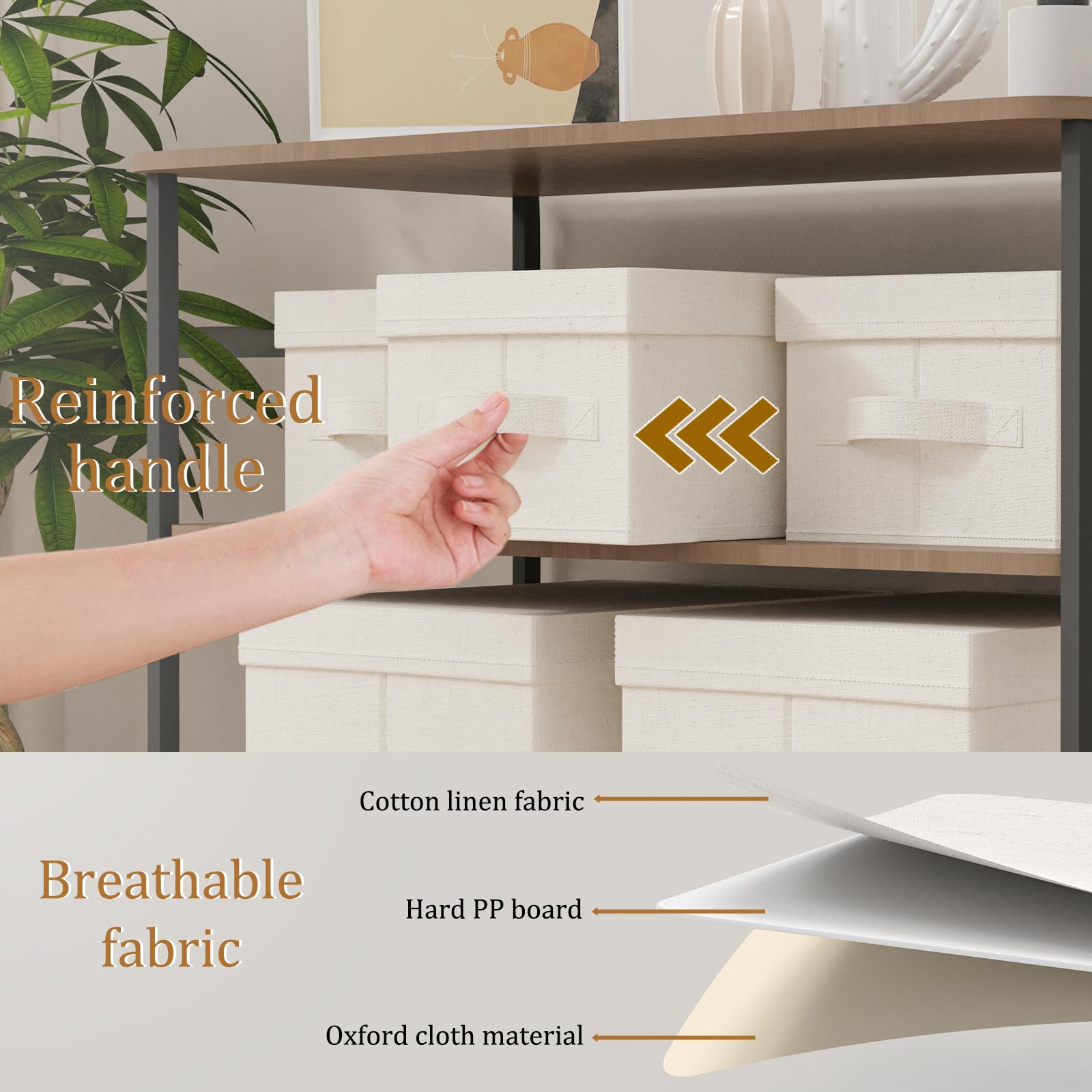 ENUMAIL 3er Scatole di Stoccaggio, Contenitore in Tessuto con Coperchio, Organizzatore di Vestiti con Maniglia, Utilizzato in Camera da Letto o Soggiorno, 33x23x18cm, Beige