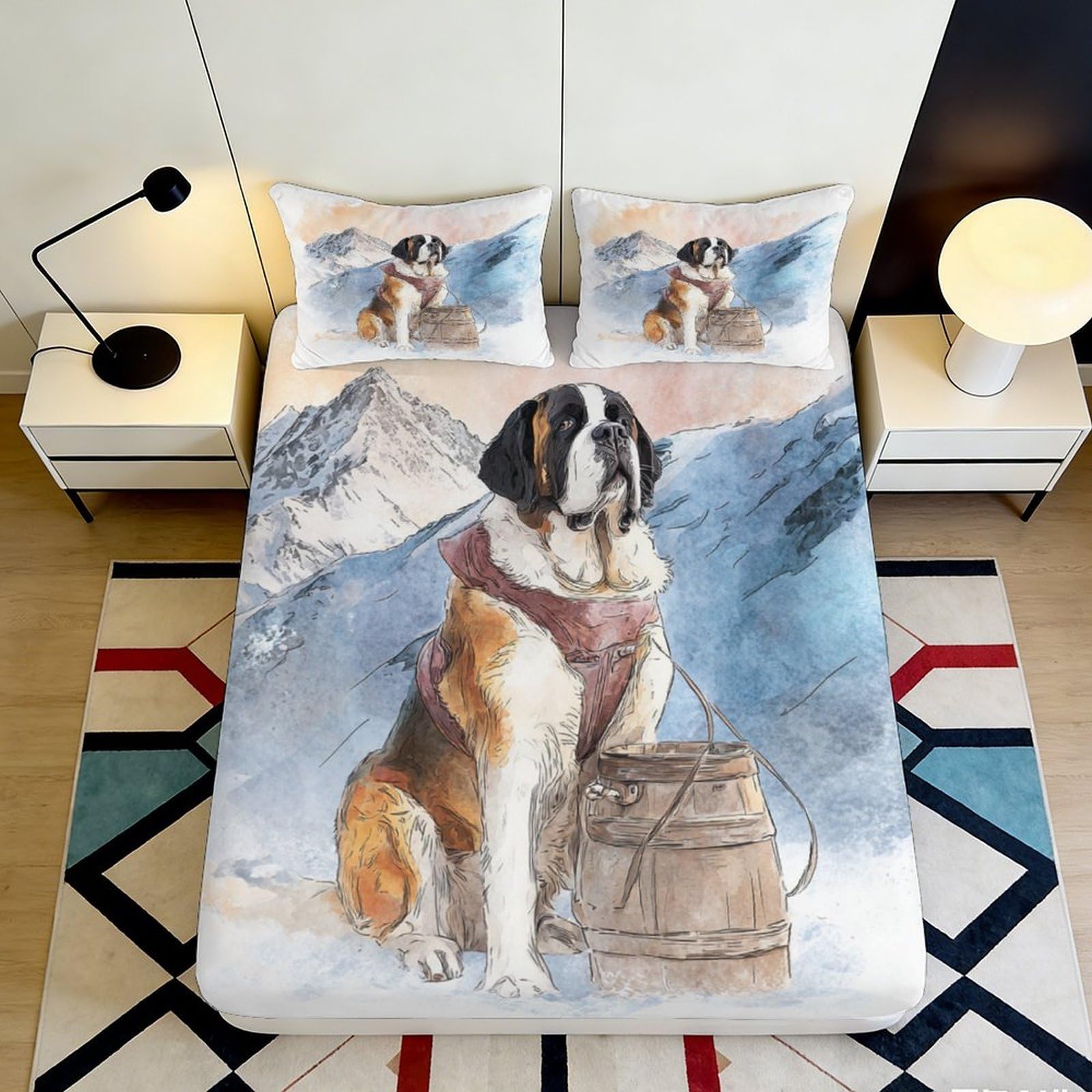 3D Printed Saint Bernard Dog Fitted Sheet Microfiber Soft Durable Mountain Scenery Bed Cover for Bedroom Dormitory Guest Room Mattress Protection 140x200x25cm
