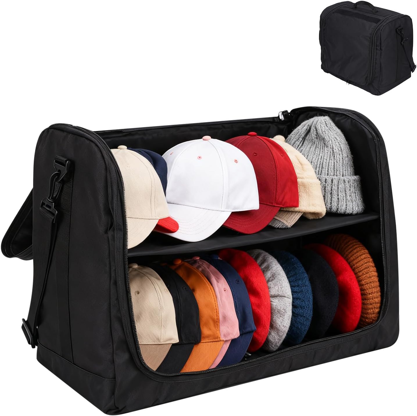 Gugxiom Large Hat Bag for Baseball Caps, Portable Hat Carrier Holder Case for 24 Caps，Black Hat Storage Bag for Travel,Business Trips，Home Organisation and Moving House