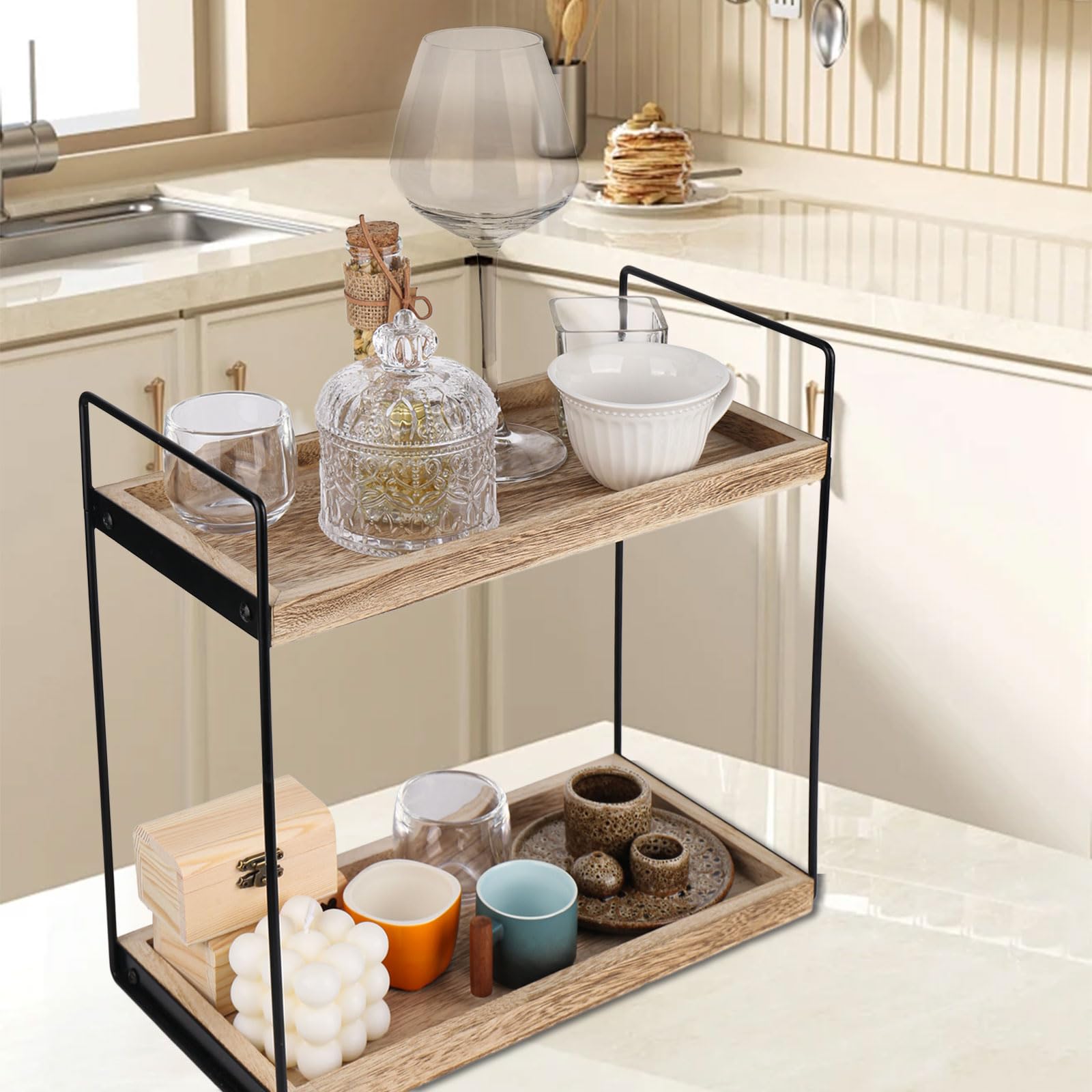 Standregal Badezimmer Organizer,Badregal Ohne Bohren 2 Tier Multifunktionales Gewürzregal Badezimmer Regal Holz Mit Metallgestell, Schreibtisch-Organizer Für Küche, Schminktisch