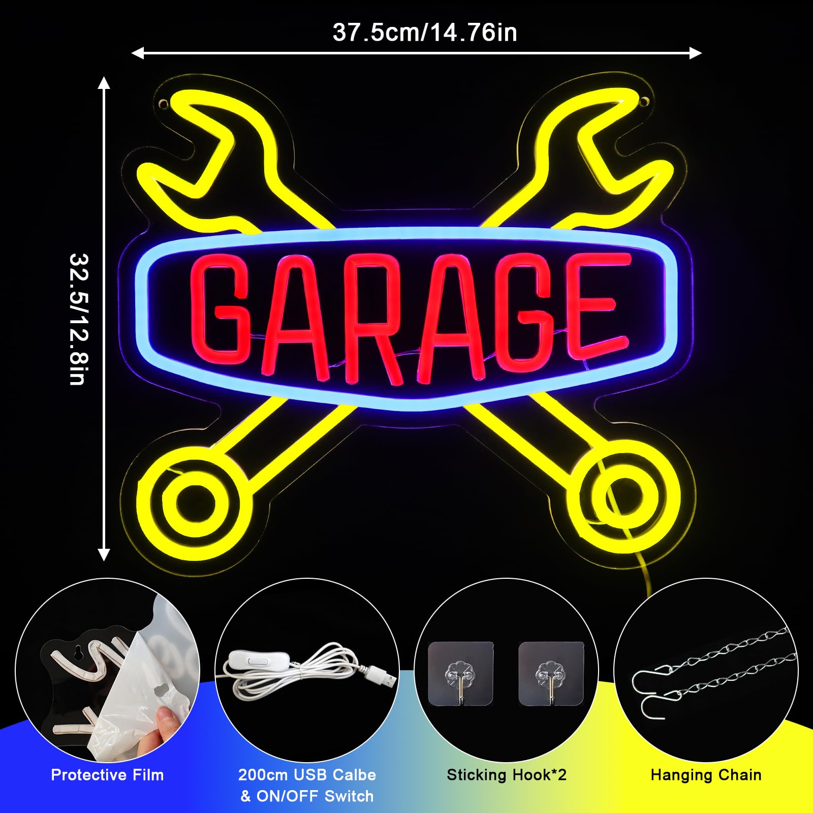 Segno al Neon per Garage - Segno al Neon Check Engine per Decorazione da Parete, Luce al Neon da Parete USB a LED per Autorimessa, Caverna dell'Uomo, Camera per Auto, Officina di Riparazione