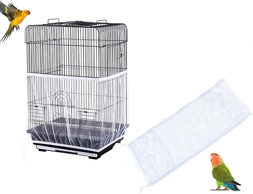 ZMD Bird Cage Seed Catcher, Large Birdcage Cover Adjustable Airy Nylon Mesh Net Birdcage Cover Skirt with Drawstring Seed Guard for Parrot Lovebirds Finches, White