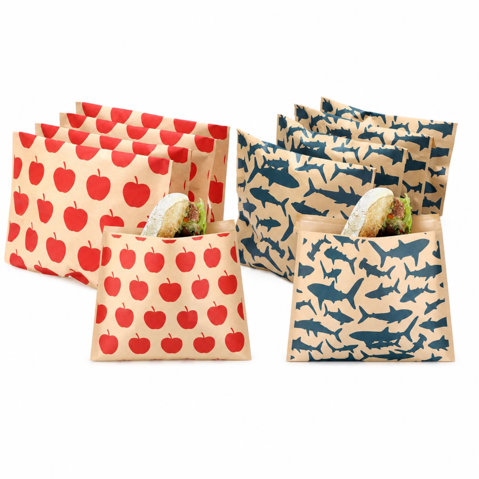 Outus 100 Pcs Sandwich Bags Sealable Paper Lunch, Apples and Sharks