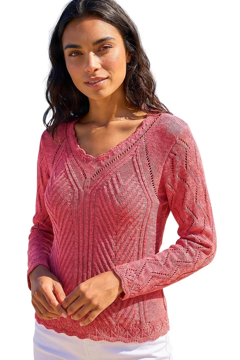 Roman Women's Cerise Scallop V-Neck Knit Jumper Size 14