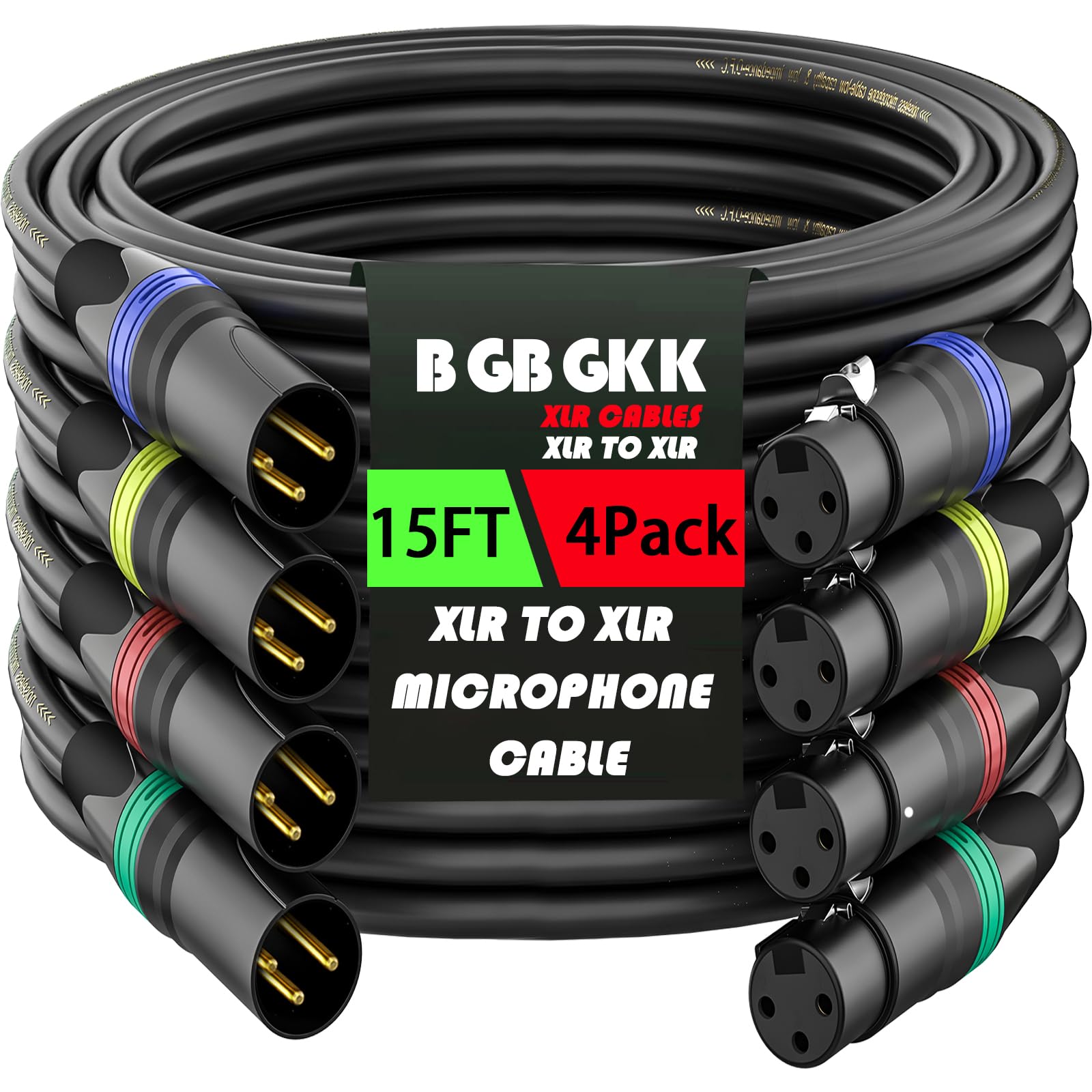 Cavi XLR da 4,6 m, confezione da 4 cavi professionali per microfono XLR, da maschio a femmina, placcati oro, 3 pin, cavi bilanciati per microfono, multicolore