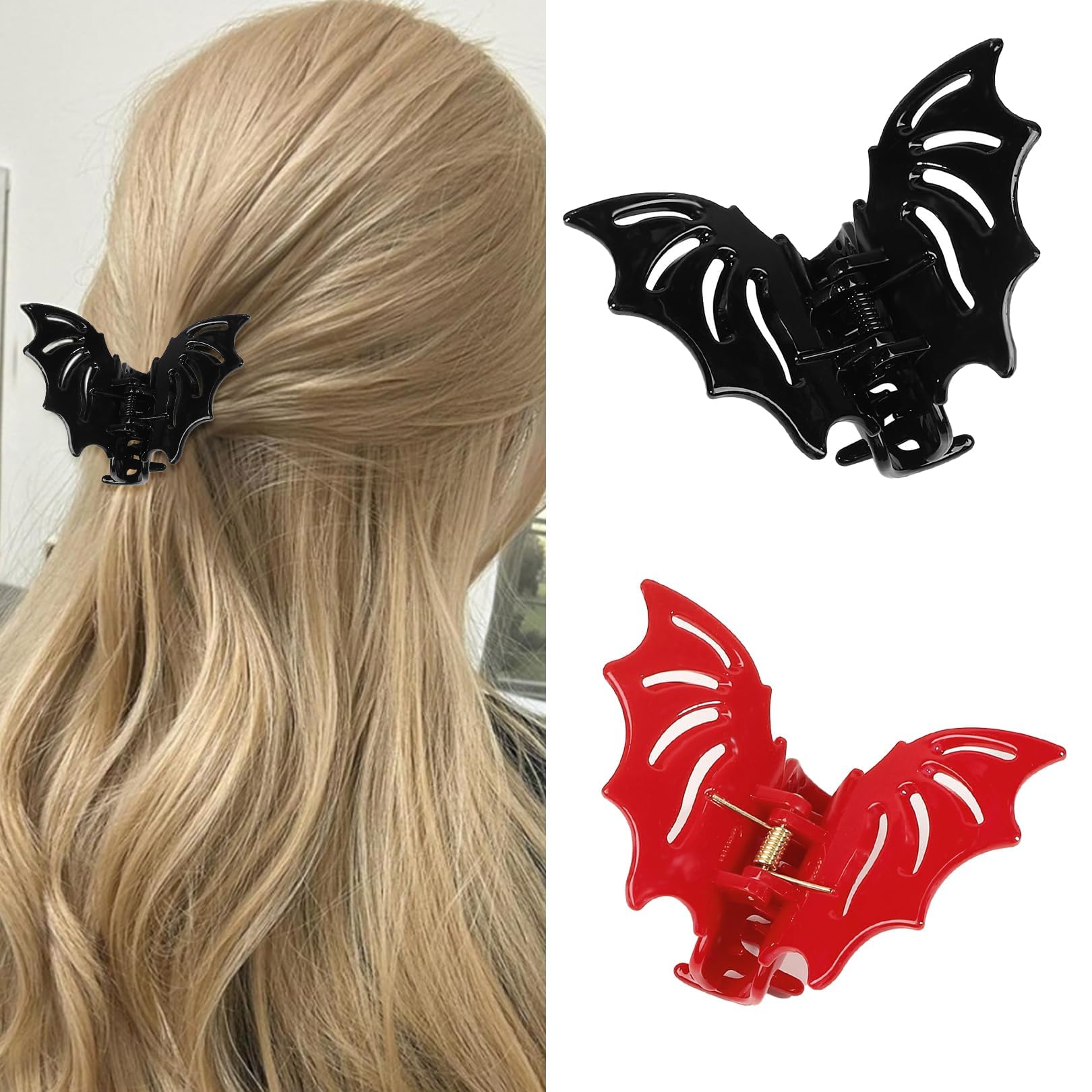 2 Pieces Bat Hair Clips,Gothic Hair Accessories Clip,Plastic Bat Halloween Clips,Bat-Shaped Wing Vlip Accessory,Black/Red Scary Cute Cosplay Hair Accessories,for Women and Girls Hairstyle Decoration