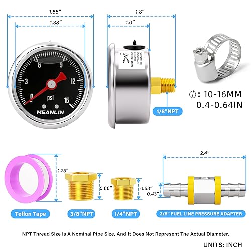 Miniatura 9 de MEANLIN MEASURE 015Psi Stainless Steel 18" NPT 1.5" FACE DIAL, Glycerin Filled Pressure Gauge, Liquid Filled, Water Oil Air, Lower Mount, with 18" x