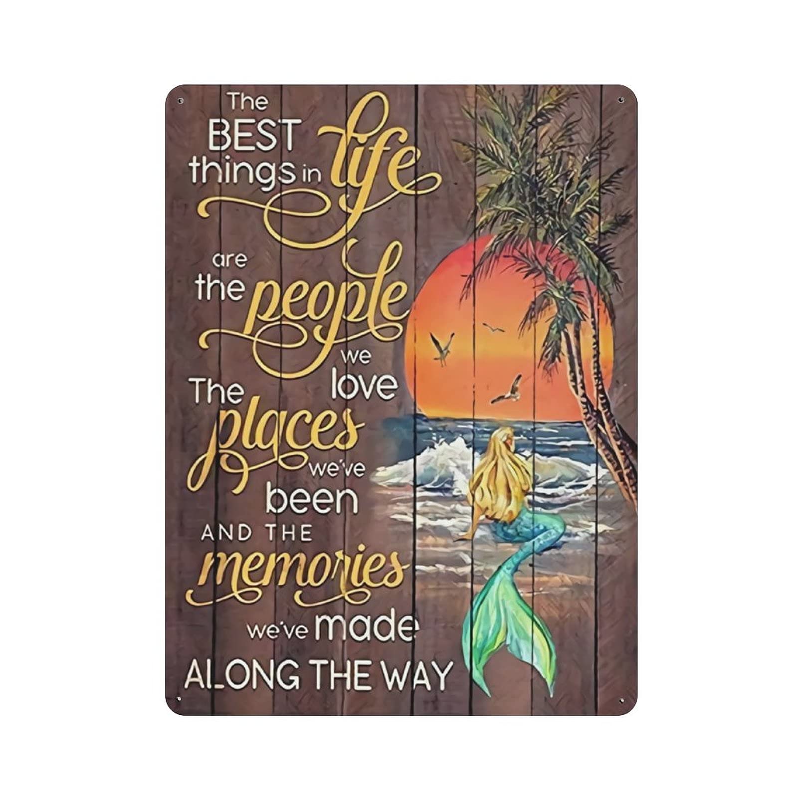 Metal Tin Sign Mermaid Sunset Beach Vintage Tin Poster Metal Sign Wall Decoration Country Kitchen Home Garage Decor 16"x12"