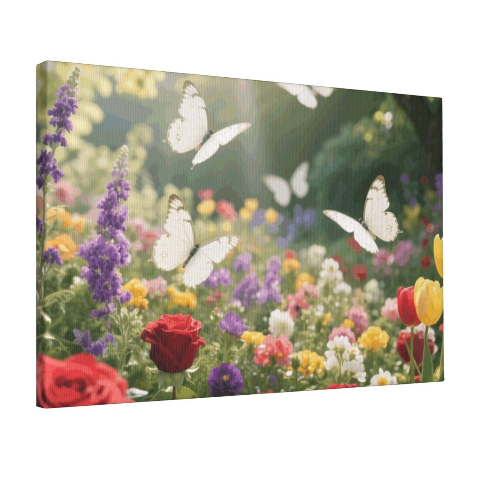 Fodpand Flowers And Butterflies Unframed Canvas Wall Art,Modern Posters Print Wall Decor Canvas Oil Painting For Bedroom Living Room Bathroom Wall Hanging Artwork Ready To Hang 12"X18"