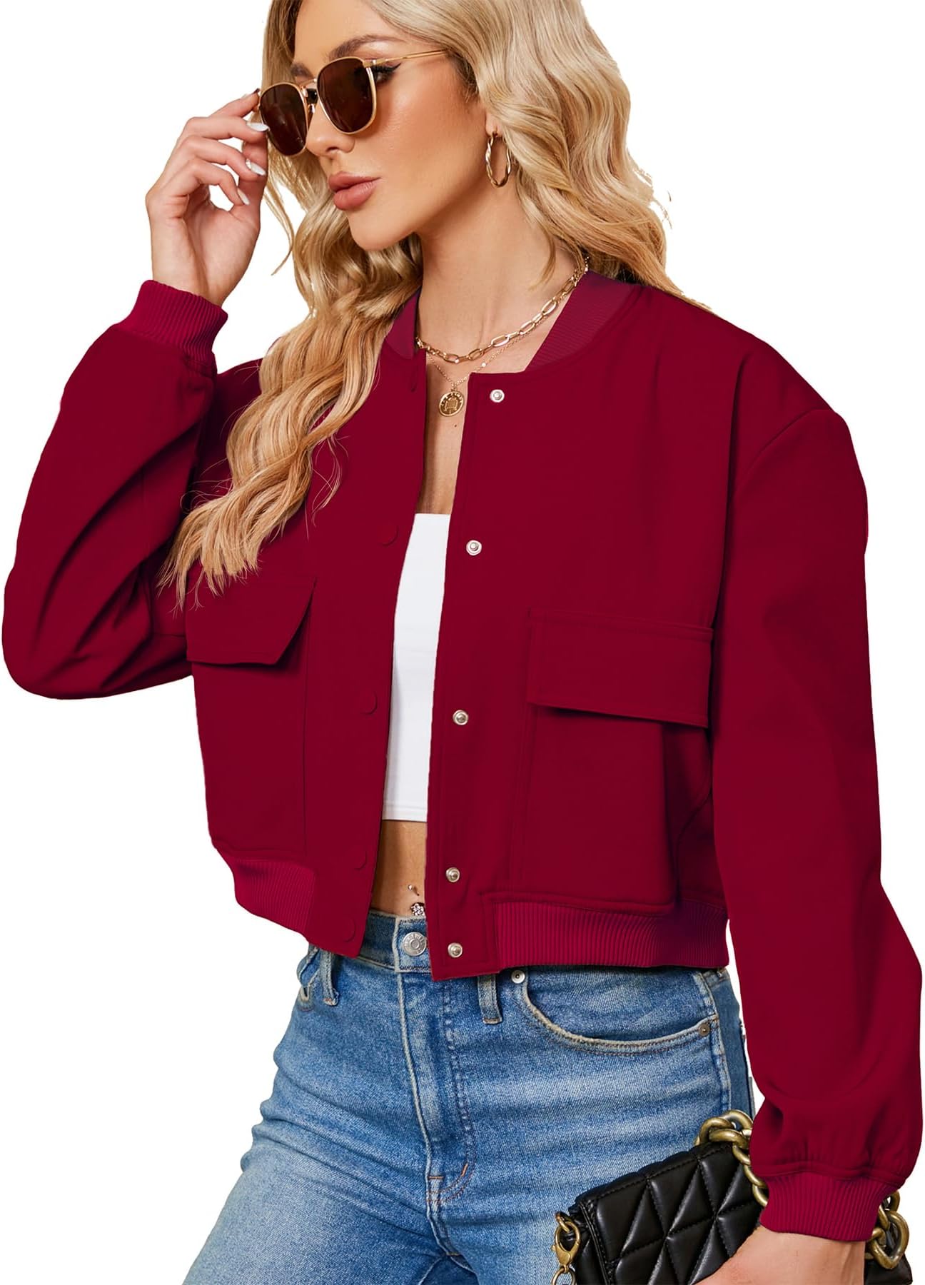 Zando Short Bomber Jacket Women Cropped Jacket Button Down Bomber Jackets for Women Casual Jackets with Pockets Long Sleeve Baseball Jacket Womens Varsity Jacket Outwear Ladies Jackets Red M