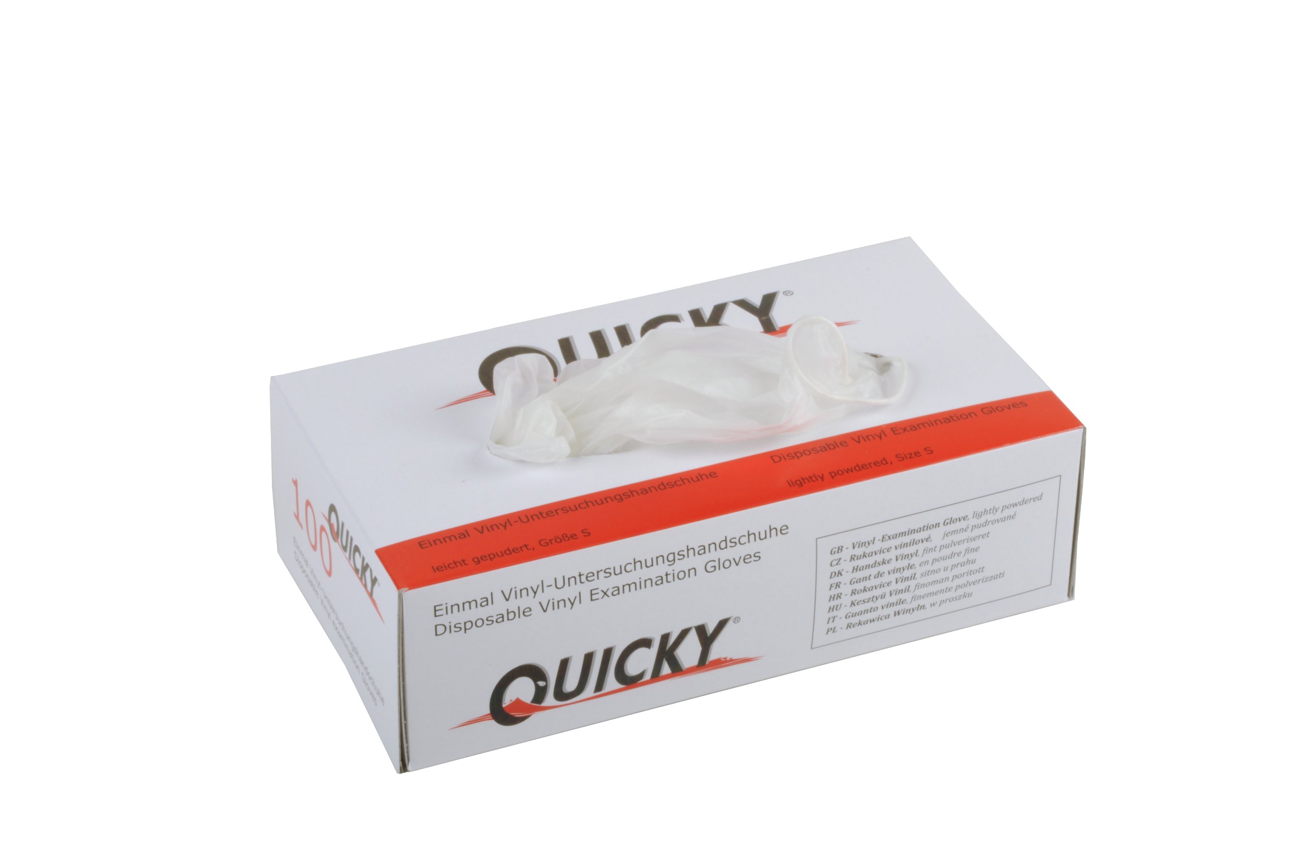 Quicky AQL 1.5 Lot de 10 boîtes de 100 gants jetables en vinyle Légèrement poudrés Blanc Taille S