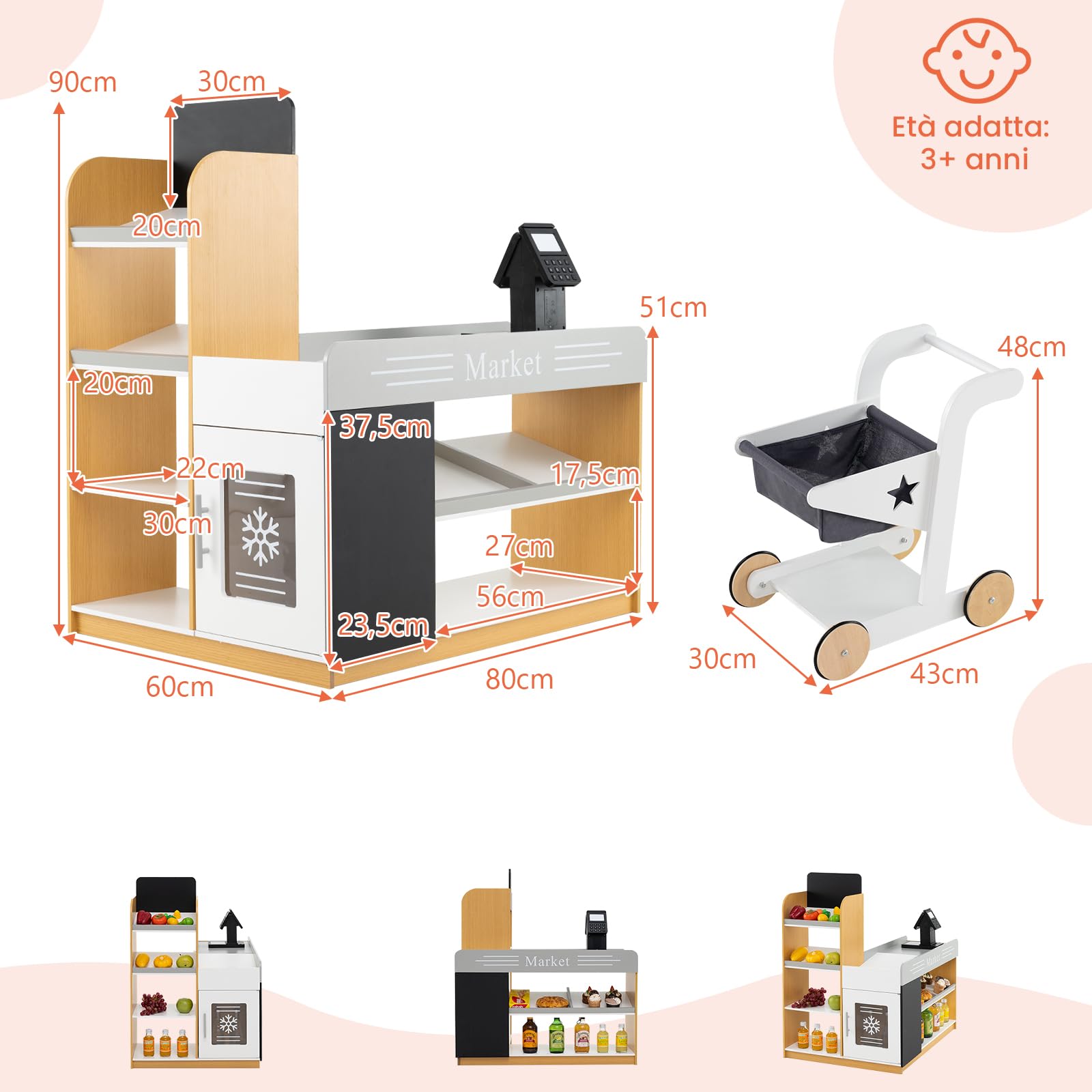 GYMAX Negozio di Alimentari per Bambini, Gioco di Ruolo con Carrello della Spesa, Registratore di Cassa, Scanner, Lavagne, Set da Gioco Supermercato in Legno, Regalo Perfetto per Bambini 3+ Anni