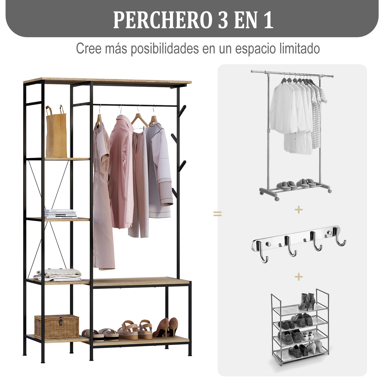 eSituro Perchero con banco 3 en 1, 4 estantes, 4 ganchos, para pasillo, oficina, dormitorio, 100 x 40 x 175 cm, roble claro y negro SGR0150