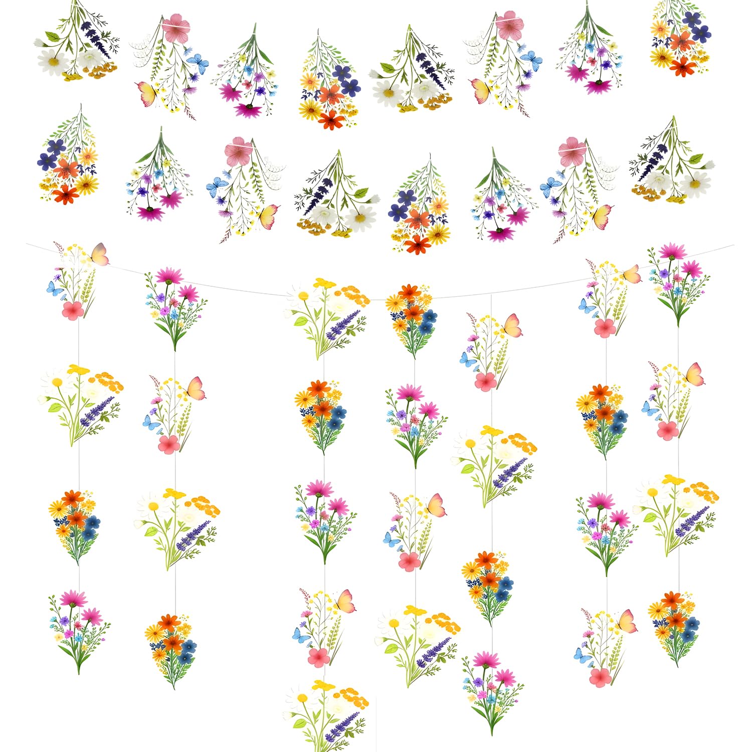 2Pcs Flower Garland, Colorful Wildflower Banner with Daisy and Butterfly, Vibrant Spring Decorations, Floral Bunting Party Decorations for Birthday Easter Wedding Mothers Day & Tea Party