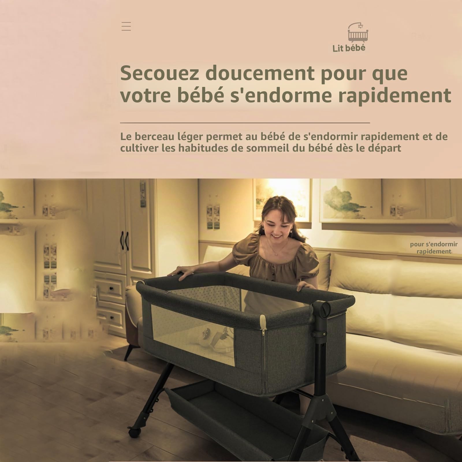 Lit Cododo Bebe avec Musique, Berceau bébé Pliable et Convertible, Lit Nouveau-Né Réglable avec Matelas et roulettes (Gris)