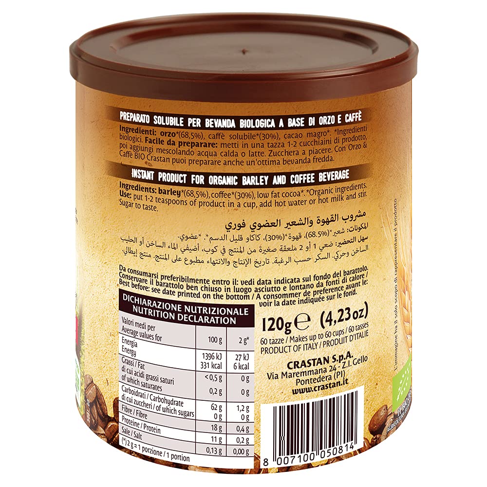 Crastan Solubile - Orzo & Caffè da agricoltura biologica - 6 Barattoli da 120g [tot. 720g] (Confezione da 2)