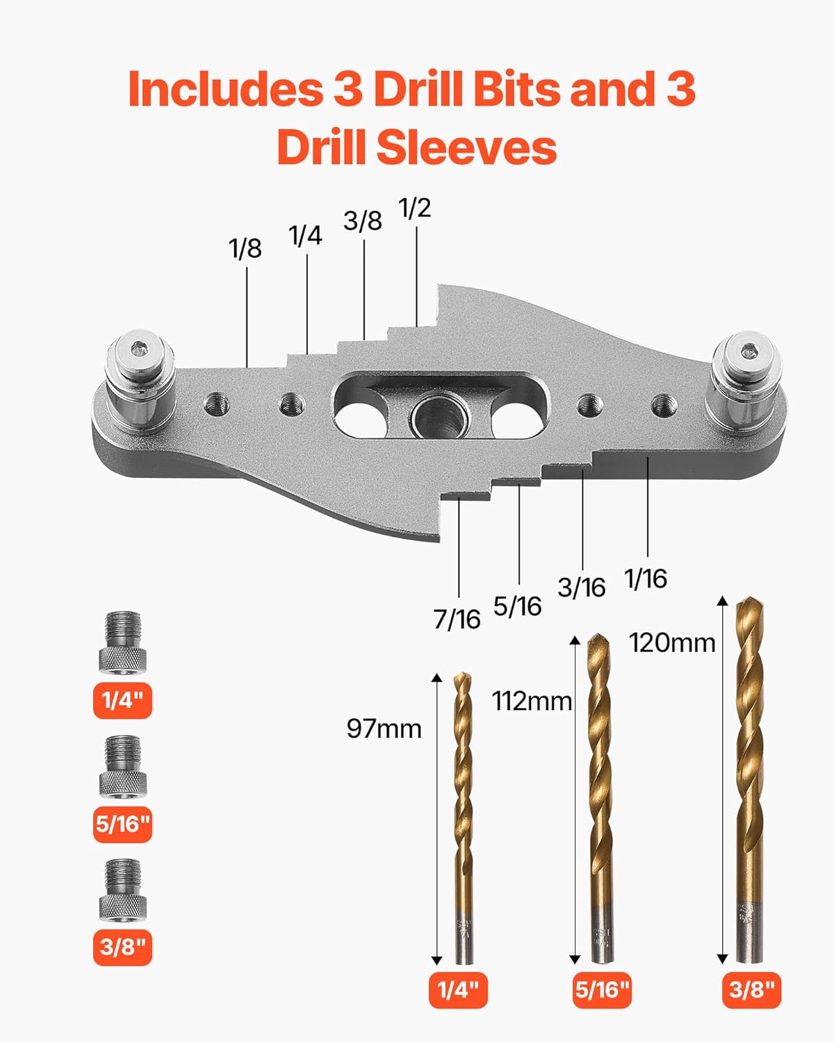 VEVOR Doweling Jig Kit, Self Centering Dowel Drill Jig for Straight Holes, with Drill Bit Set 1/4", 5/16", 3/8" and Drill Bit Stop Collar Set, Aluminum Alloy Woodworking Tools for Drilling, Marking