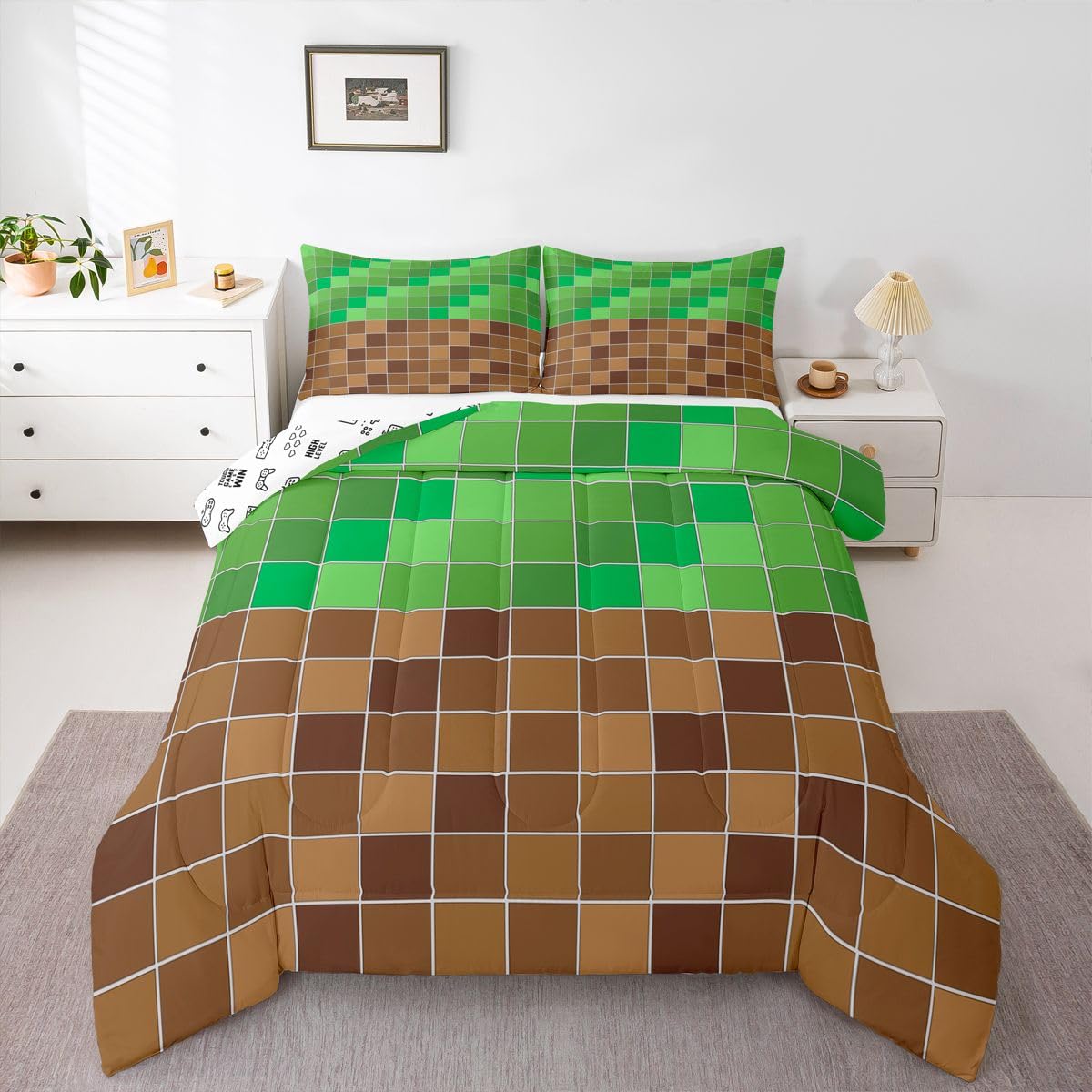 Erosebridal Gaming Plaid Comforter Set Geometric Checkered Gamer Full Bedding Sets for Boys Girls Kids Checkerboard Games Comforter Brown Green Grids Quilt Duvet 3 Pcs