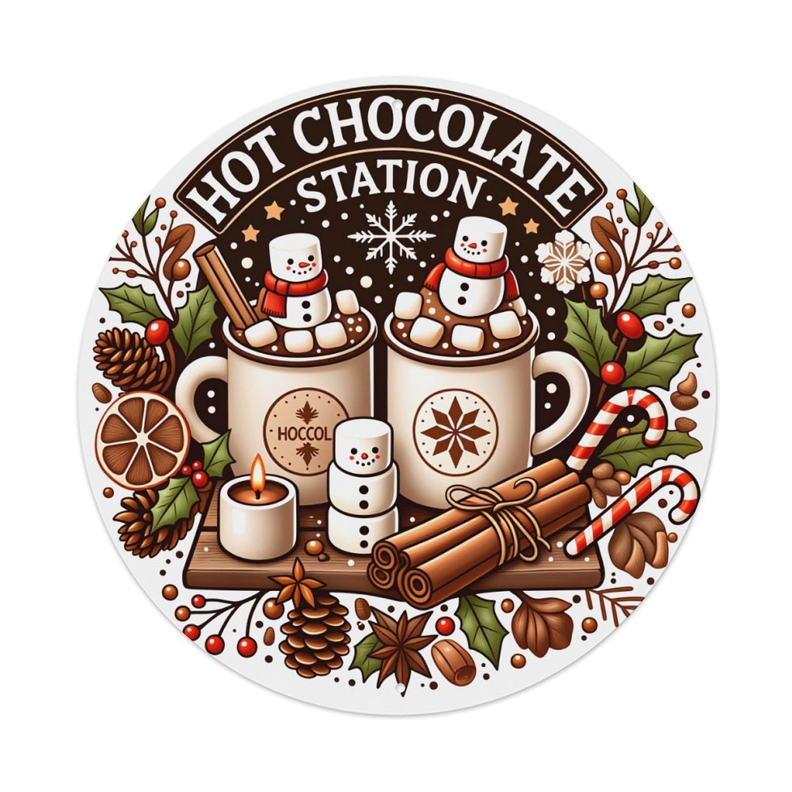 Wmlzdnwr Vintage Hot Chocolate Station Snowman Mugs Cinnamon Candies Winter Decor Round Tin Sign,Retro Wall Art,Metal Poster For Home, Bar, Garage, Cafe, Rustic Indoor & Outdoor Decor, 8X8 Inches