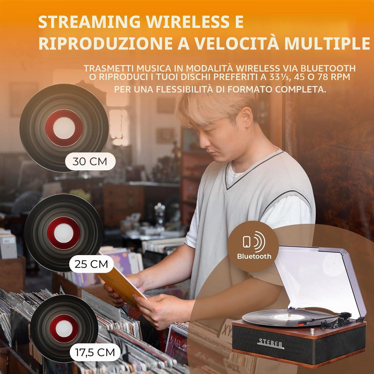 Giradischi retrò con Bluetooth e altoparlanti integrati - Denver VPB‑262 Multi-Speed Turntable Music System (33 ⅓ / 45 / 78 RPM) con Line‑Out & Auto‑Stop
