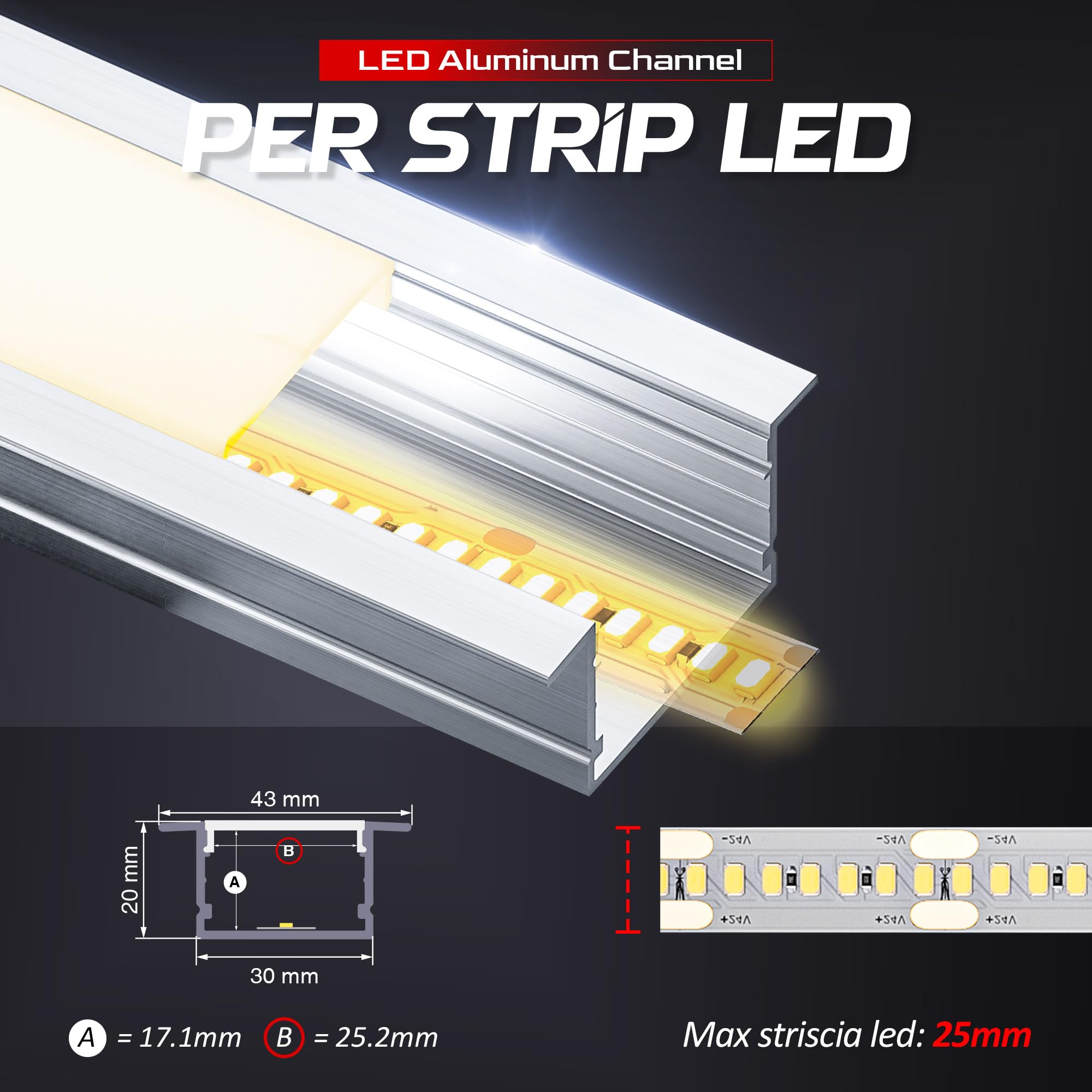 Profil LED, profil aluminiowy w kształcie litery U, 6 x 2 m (12 m), listwy LED w profilu aluminiowym z zaślepkami i klipsami montażowymi, taśma LED kanał i dyfuzor, kanał LED dł. 2000 x 19,3 x