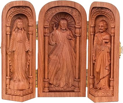 Catholic Sacramental Triptych Box,Wood Carving Catholic Icons,Wooden Handcrafted Figurine Sculpture Art Gift 1