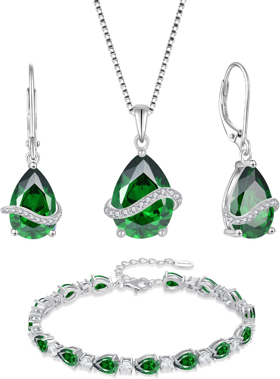 Emerald Jewelry Set 925 Sterling Silver Pear Shaped May Birthstone Earrings Necklace Bracelet Jewelry for Women