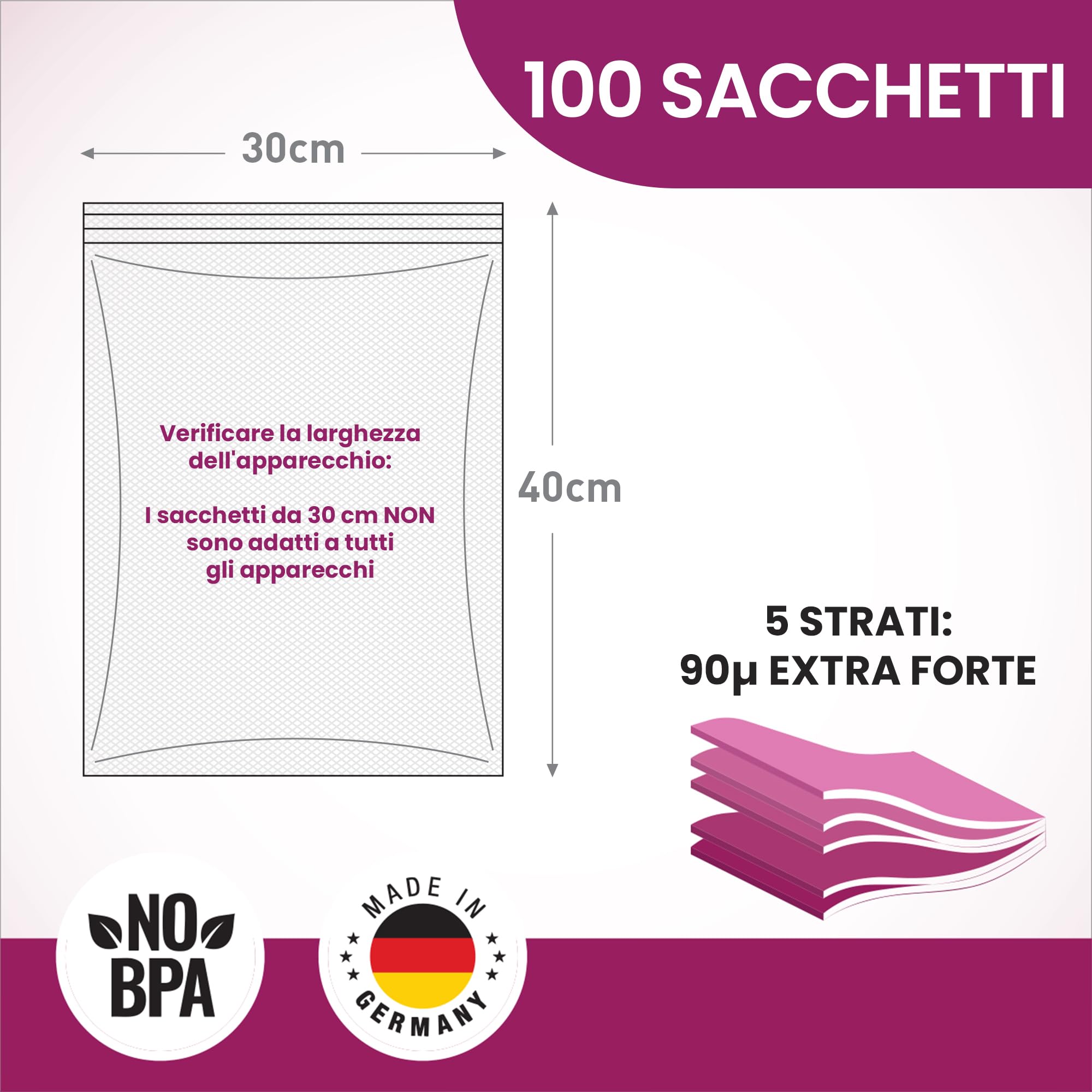 culivac Sacchetti Sottovuoto Alimenti, Professional, 30 x 40 cm, 100x | Buste sottovuoto per cottura bassa temperatura, Trasparenti, per Alimenti Liquidi e Delicati, 90 Micron Extra Resistenti