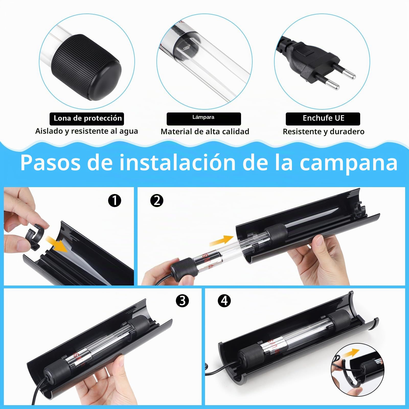 SWAWIS 13W Lámpara UV Acuario Esterilizadora, 220V Sumergible UV Luz para Acuario con Ventosas y Escudo de Luz, Algas Bacterias Matar Lámpara para Subacuática Eliminación de Algas Desodorización