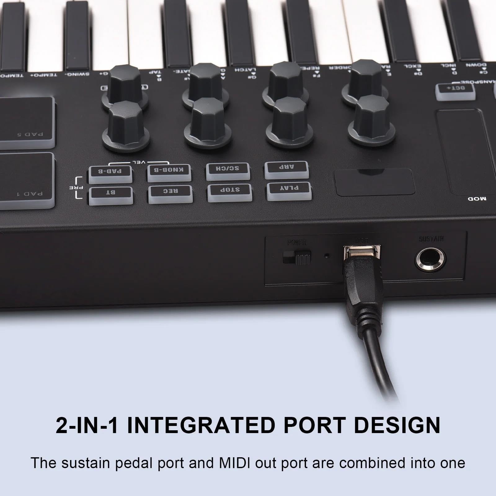 Controlador de teclado MIDI de 25 teclas USB inalámbrico con 8 almohadillas de batería retroiluminadas, 8 perillas, 2 tiras táctiles para producción y actuación musical
