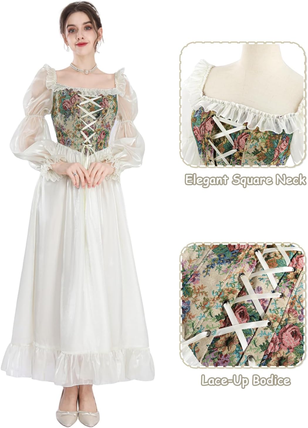 NSPSTT White Renaissance Dress Women Fairy Dress Victorian Medieval Costume - Image 2