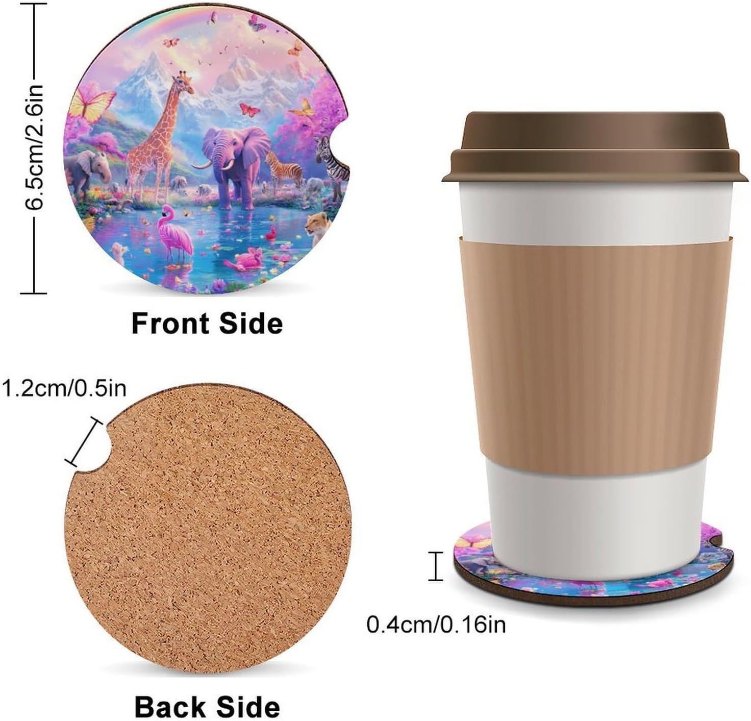 Elephant Giraffe Flamingo Butterfly Cute Car Coasters 2.56 Inch Absorbent Cup Holder for Drinks Auto Interior Accessories