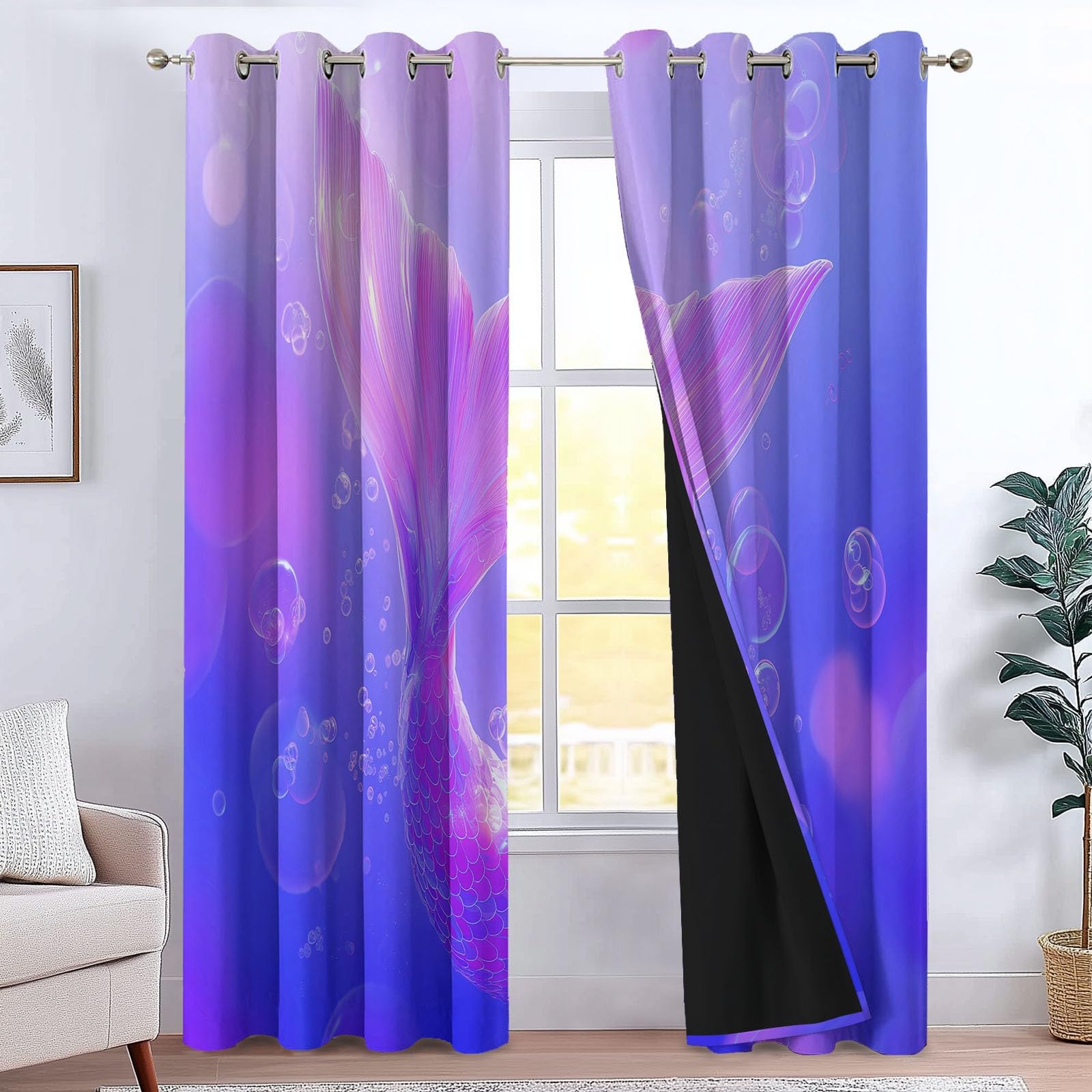 Générique Rideau Occultant pour Chambre d'enfants Fantaisie Dégradé Sirène 110 X 215 Cm (Lxh) 2 Pièces pour Maison Chambre Salon, 3D Impression Rideaux, Lavable en Machine Protection De Privée Violet