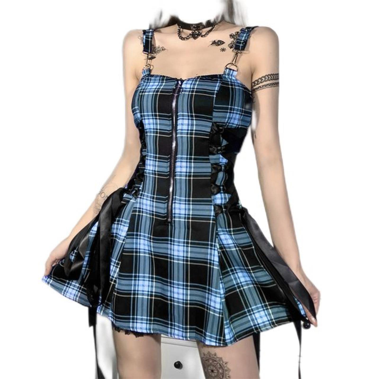Weiting 1 Punk Aesthetic Y2k Zipper Bandage Corset Fairy Grunge Plaid Dress Vintage Gothic Alt Outfit Dress For New Year-,S