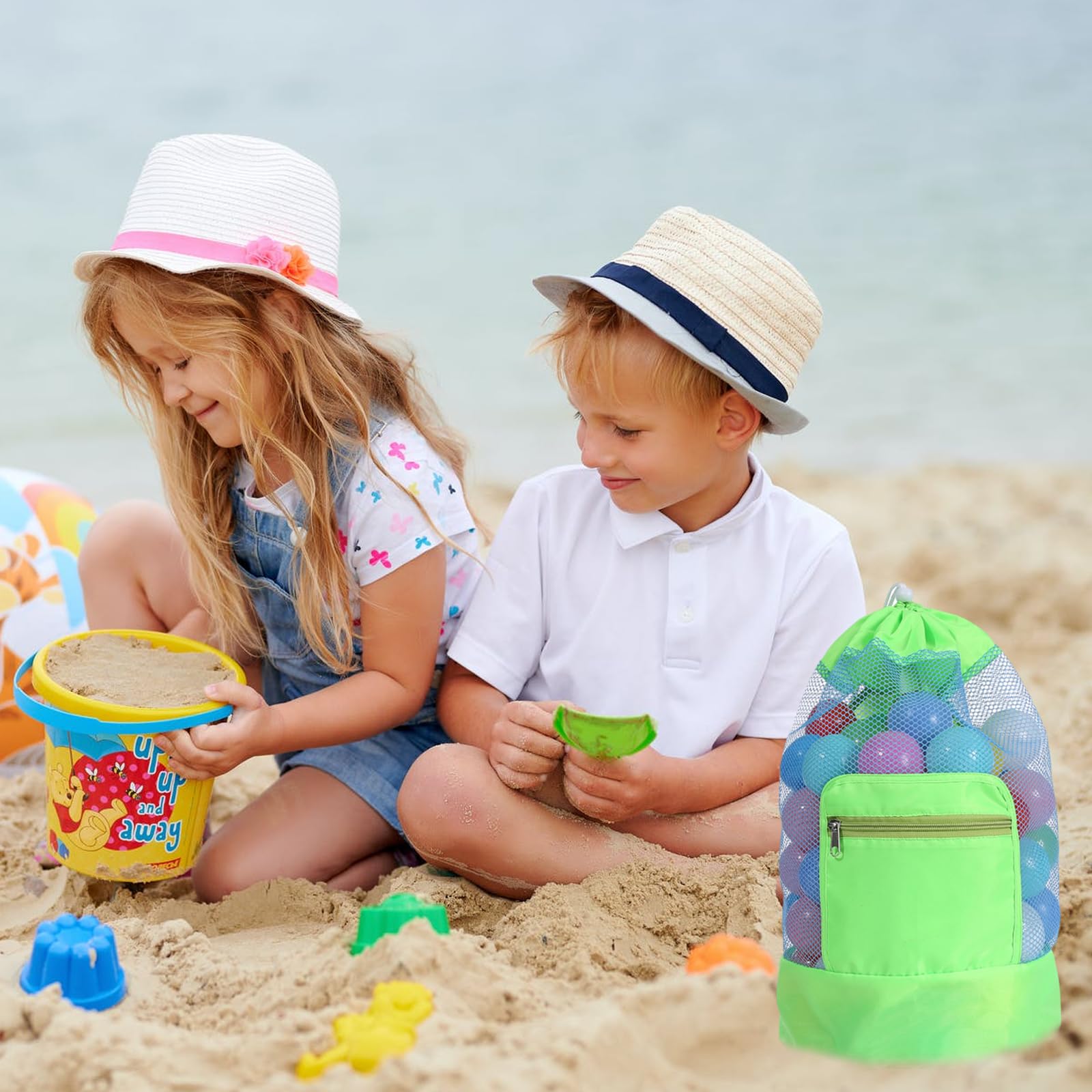 Sac Filet Grand Format Pour Jouets De Plage - 50x24cm - En Polyester Respirant - Pliable Et Avec Poche Interne