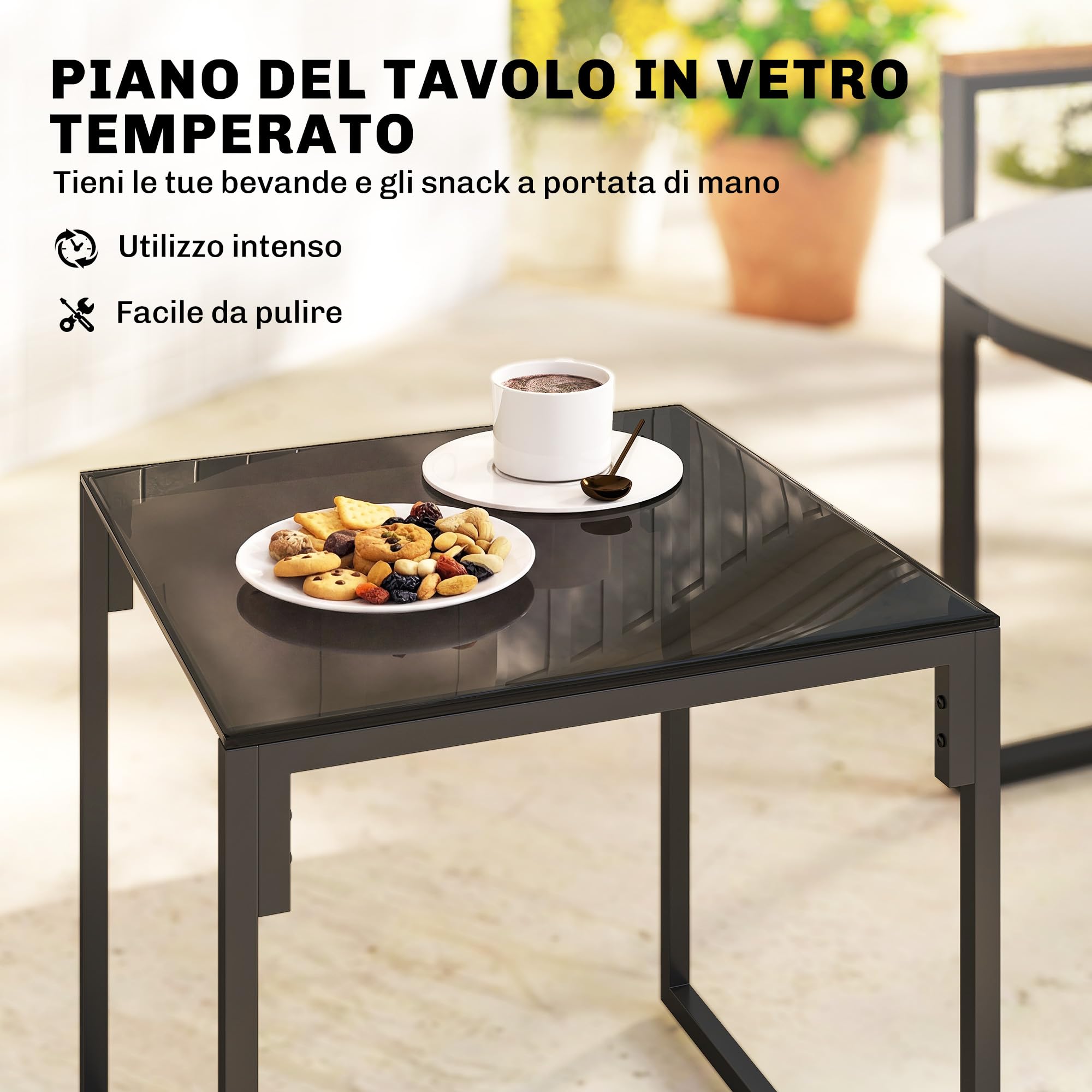 Outsunny Set da Bistrò da 3 Pezzi, Set da Giardino con 2 Sedie Texteline, Tavolo Vetro Temperato, Cuscini Spessi, Braccioli Decorativi, Set di Mobili da Giardino in Metallo, per Patio Balcone, Grigio