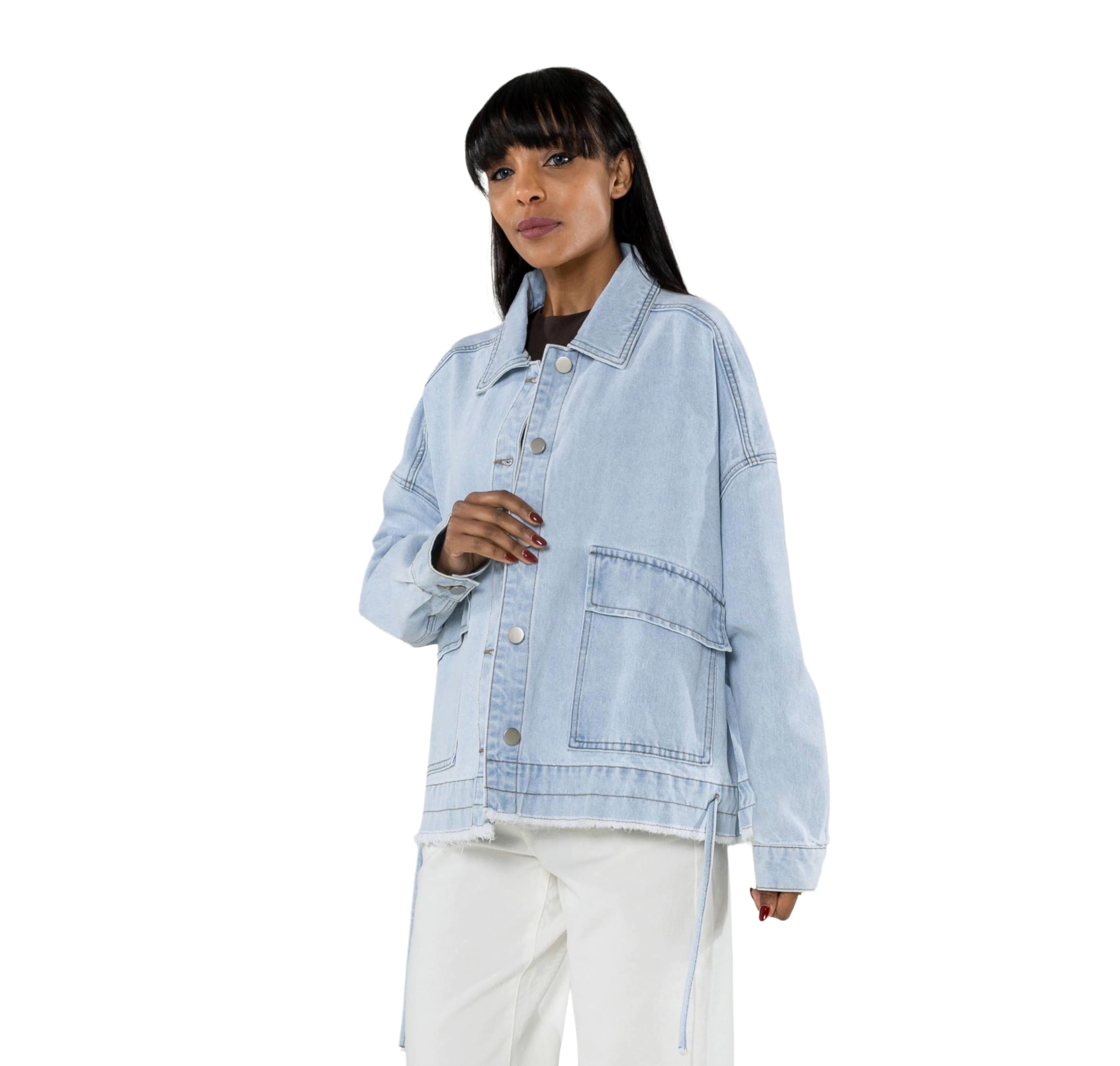Nina Carter Chaqueta vaquera de gran tamaño para mujer, chaqueta vaquera suelta con botones y bolsillo grande, chaqueta informal de entretiempo para primavera y otoño