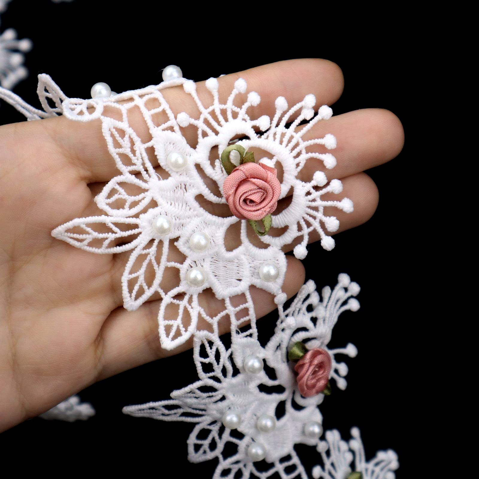 Cinta de encaje con cuentas de perlas de flores, apliques florales, cinta de encaje bordada para coser, vestido de novia, decoración de ropa 3