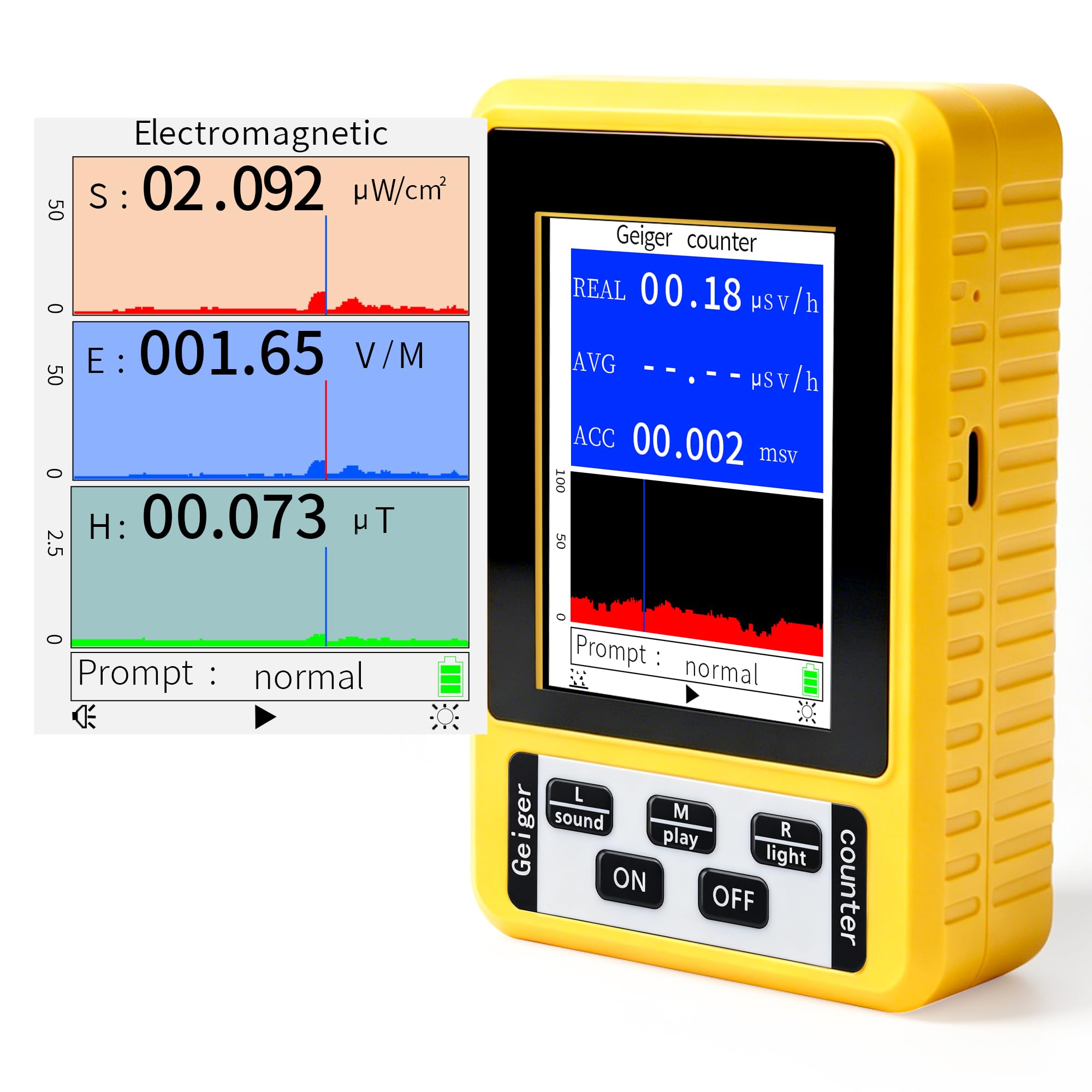 4w1 Licznik Geigera z miernikiem EMF – wykrywa promieniowanie gamma/beta/rentgen oraz pola elektromagnetyczne (EF/MF/RF), z Alarmem i Wyświetlaczem LCD do Domu, Podróży i Zastosowań